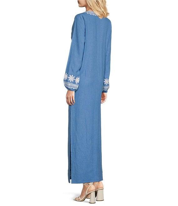 SAIL to SABLE Woven Embroidered Split V-Neck Long Sleeve Caftan Dress Product Image