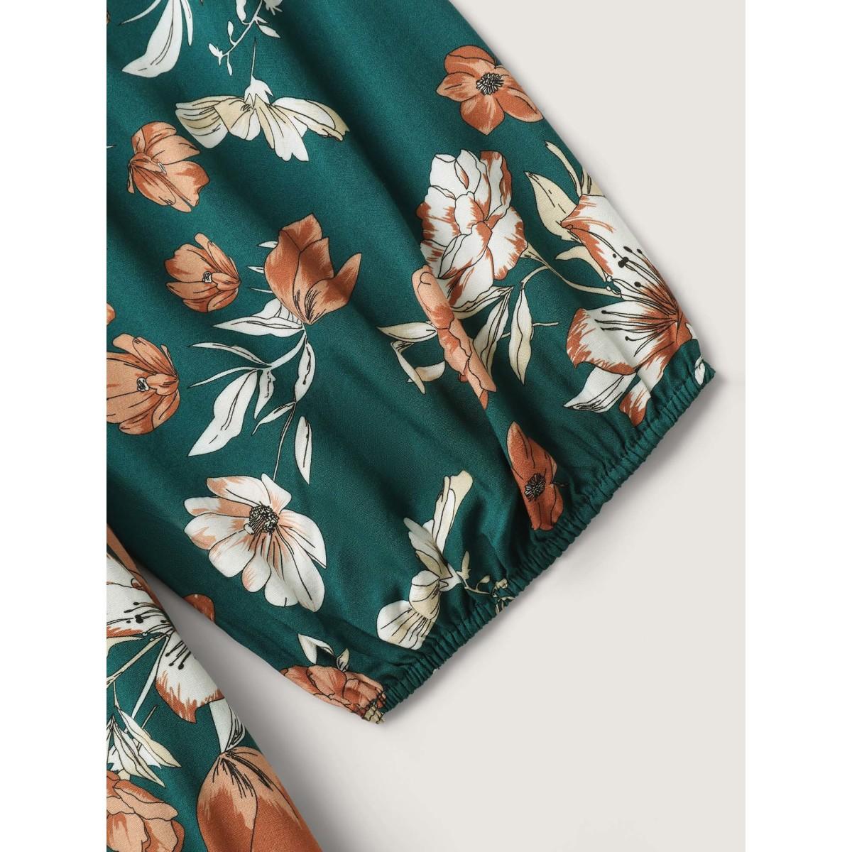 Plus Size Rayon Floral Shirred Stretchy Waist Midi Dress Cyan Women Romantic Square Neck Elbow-length sleeve Curvy BloomChic 28/5X Product Image