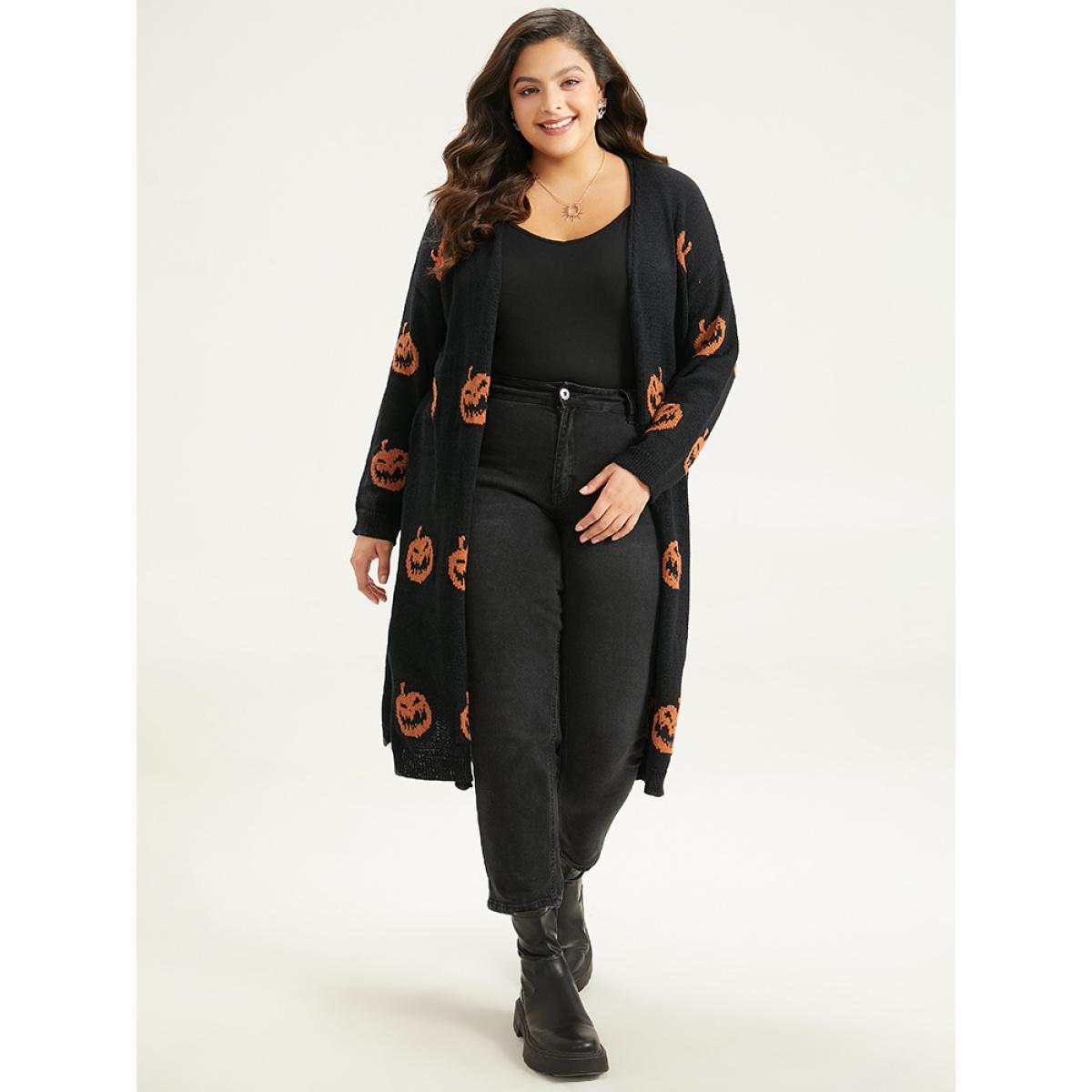Plus Size Halloween Skull Print Split Side Drop Shoulder Maxi Cardigan Chocolate Women Casual Loose Long Sleeve Festival-Halloween Cardigans BloomChic 12/L Product Image