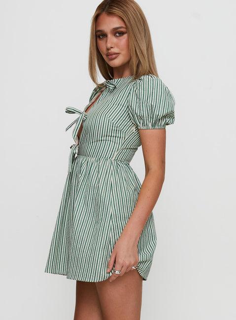 Nurture Bow Mini Dress Green Stripe Product Image