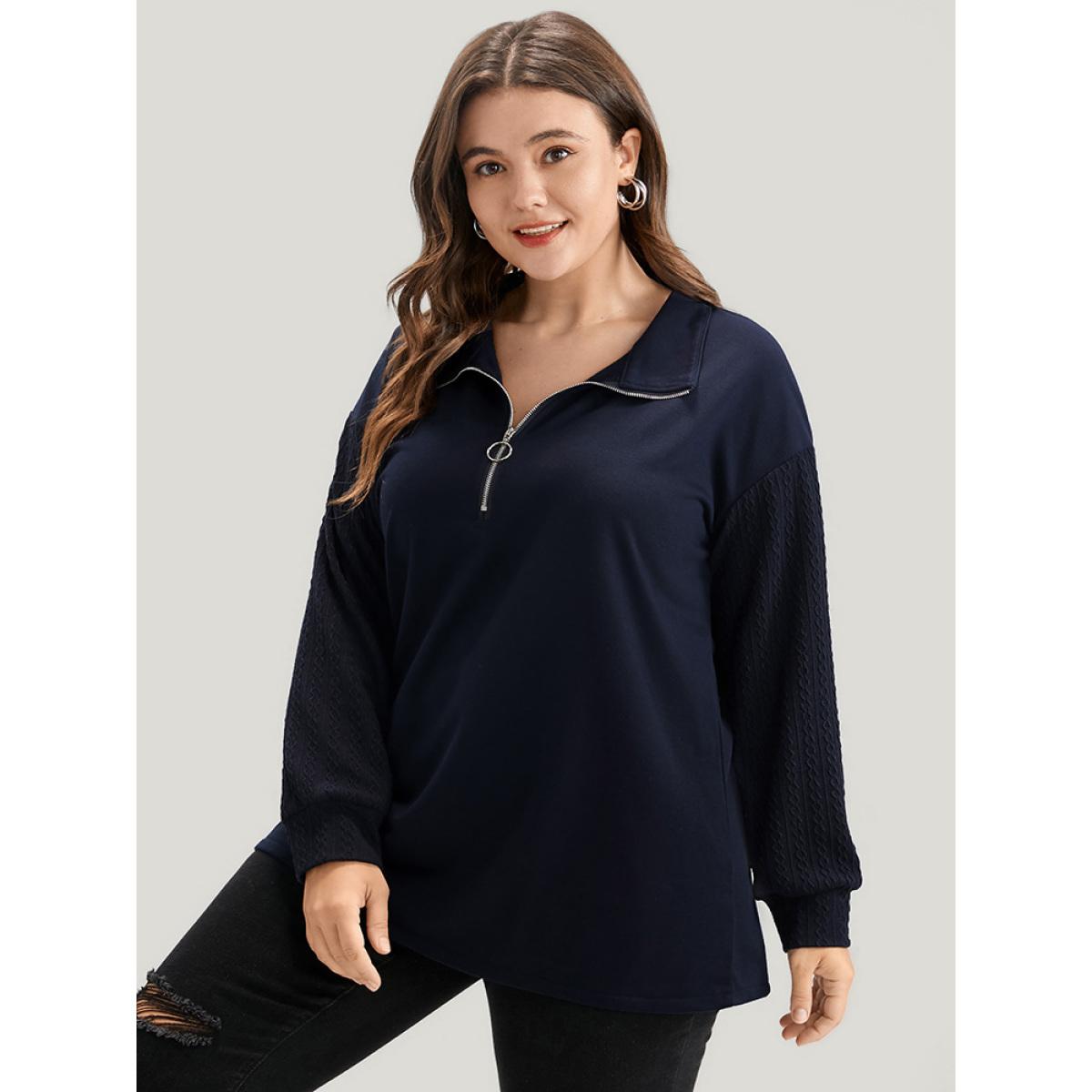 Plus Size Solid Drop Shoulder Zipper Lapel Collar Sweatshirt Women DarkBlue Casual Plain Lapel Collar Dailywear Sweatshirts BloomChic 30/6X Product Image