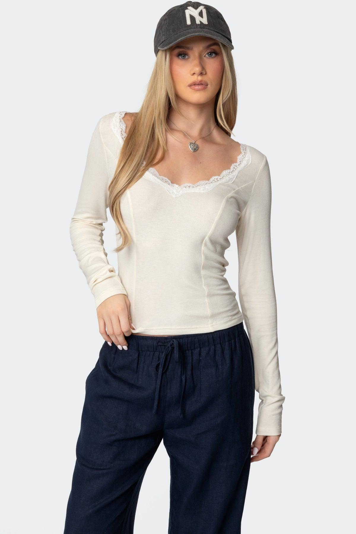 Mel Lace Trim V Neck Top Product Image