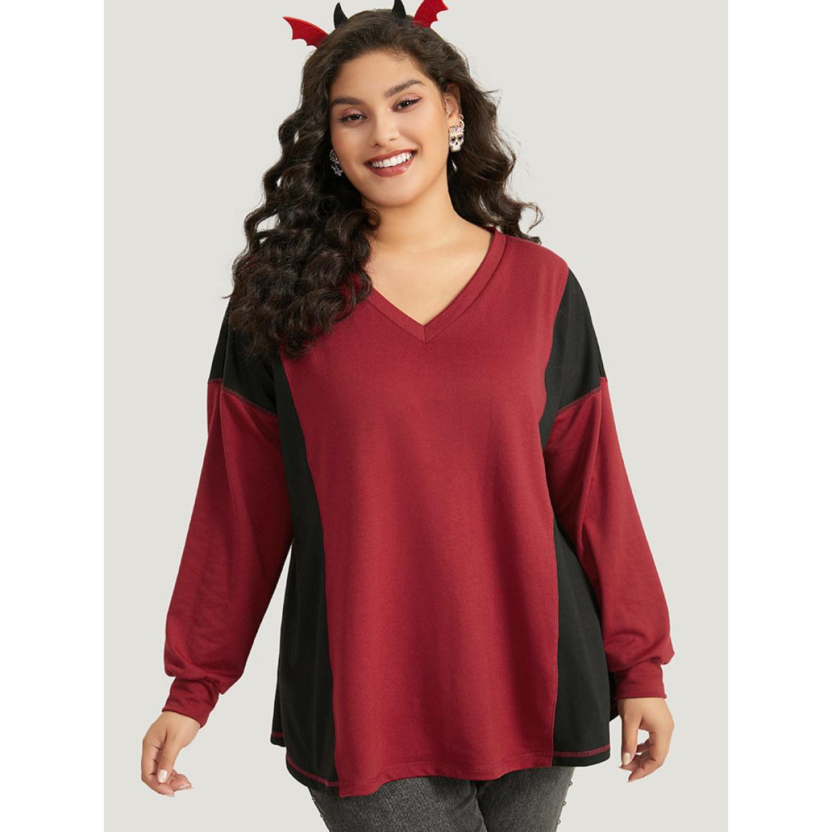 Plus Size Halloween Two Tone Stitch Patchwork Sweatshirt Women Black Casual Elastic cuffs V-neck Festival-Halloween Sweatshirts BloomChic 14-16/1X Product Image