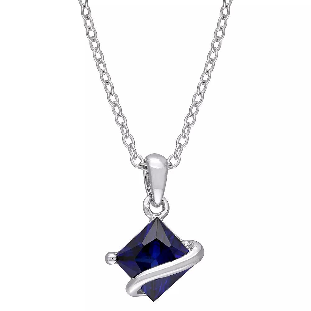 Stella Grace Sterling Silver Square-Cut Lab-Created Blue Sapphire Pendant Necklace, Women's,  Product Image