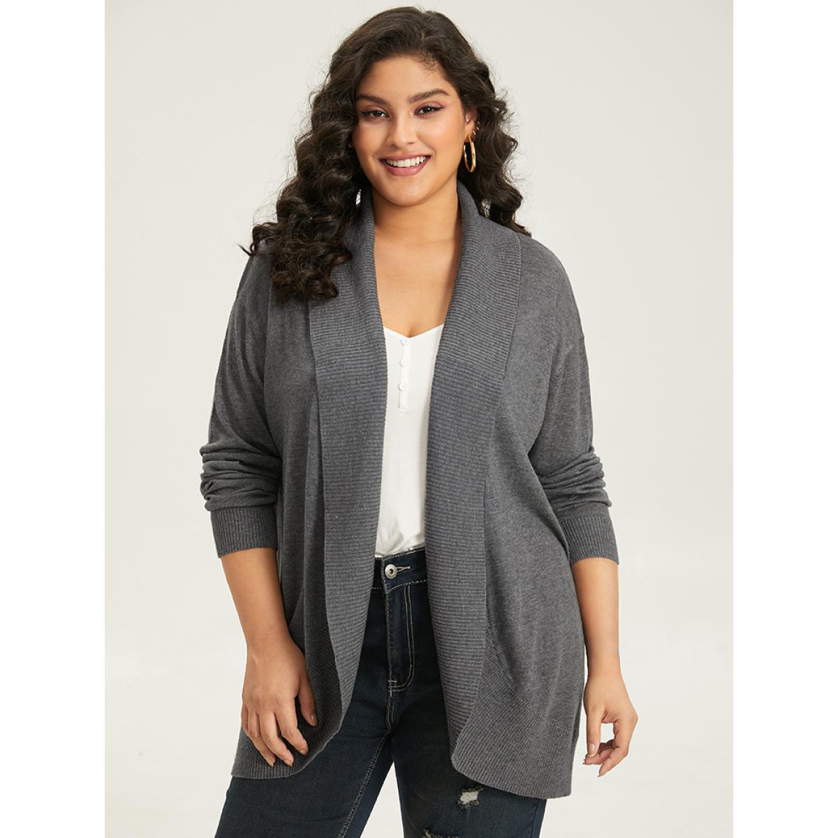Plus Size Supersoft Essentials Plain Texture Arc Hem Cardigan Gray Women Casual Loose Long Sleeve Everyday Cardigans BloomChic 28/5X Product Image