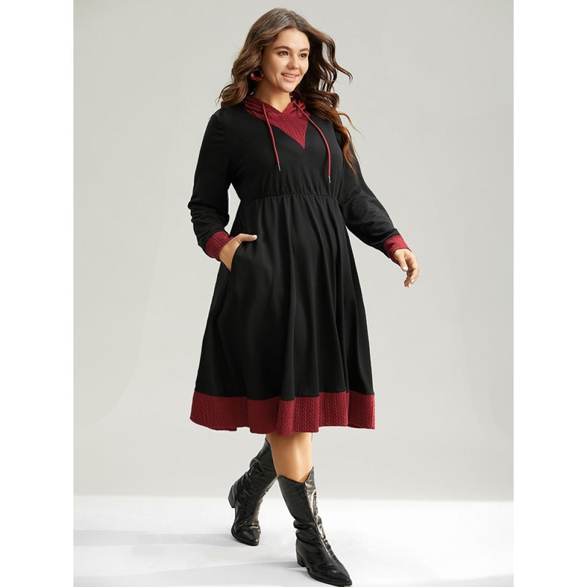 Plus Size Christmas Textured Contrast Hooded Drawstring Dress Black Women Casual Gathered Hooded Long Sleeve Curvy Midi Dress BloomChic 22-24/3X Product Image