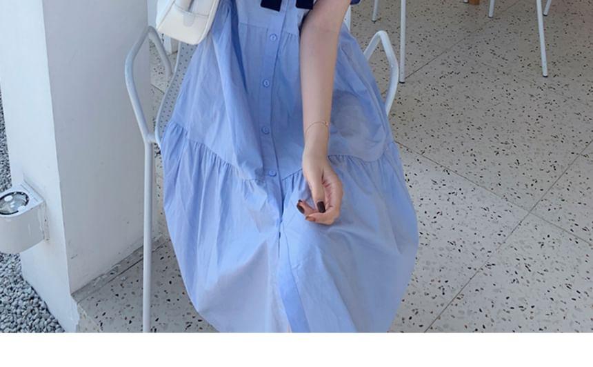 Maternity Short-Sleeve Collared Bow Tie A-Line Shirt Dress Product Image