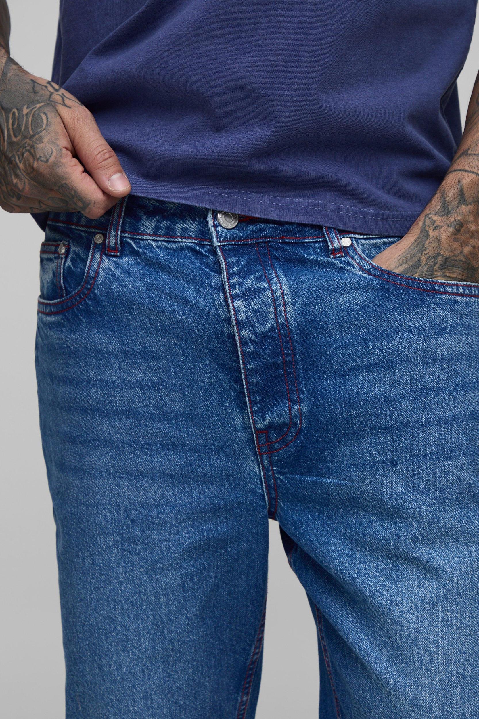 Tall Straight Rigid Contrast Stitch Jeans | boohooMAN USA Product Image