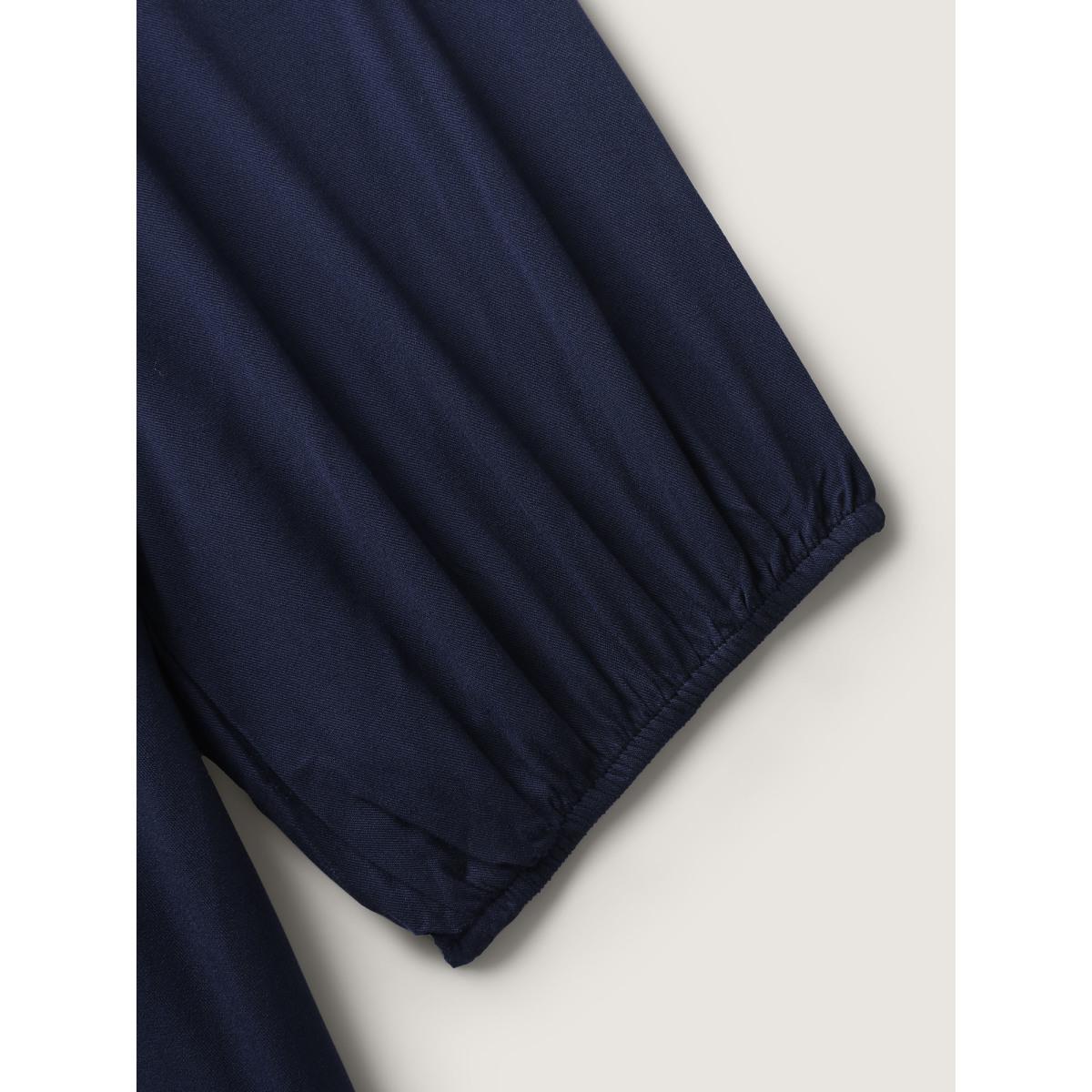 Plus Size Floral Embroidery Pockets Midi Dress DarkBlue Women Boho Notched collar Elbow-length sleeve Curvy BloomChic 14-16/1X Product Image