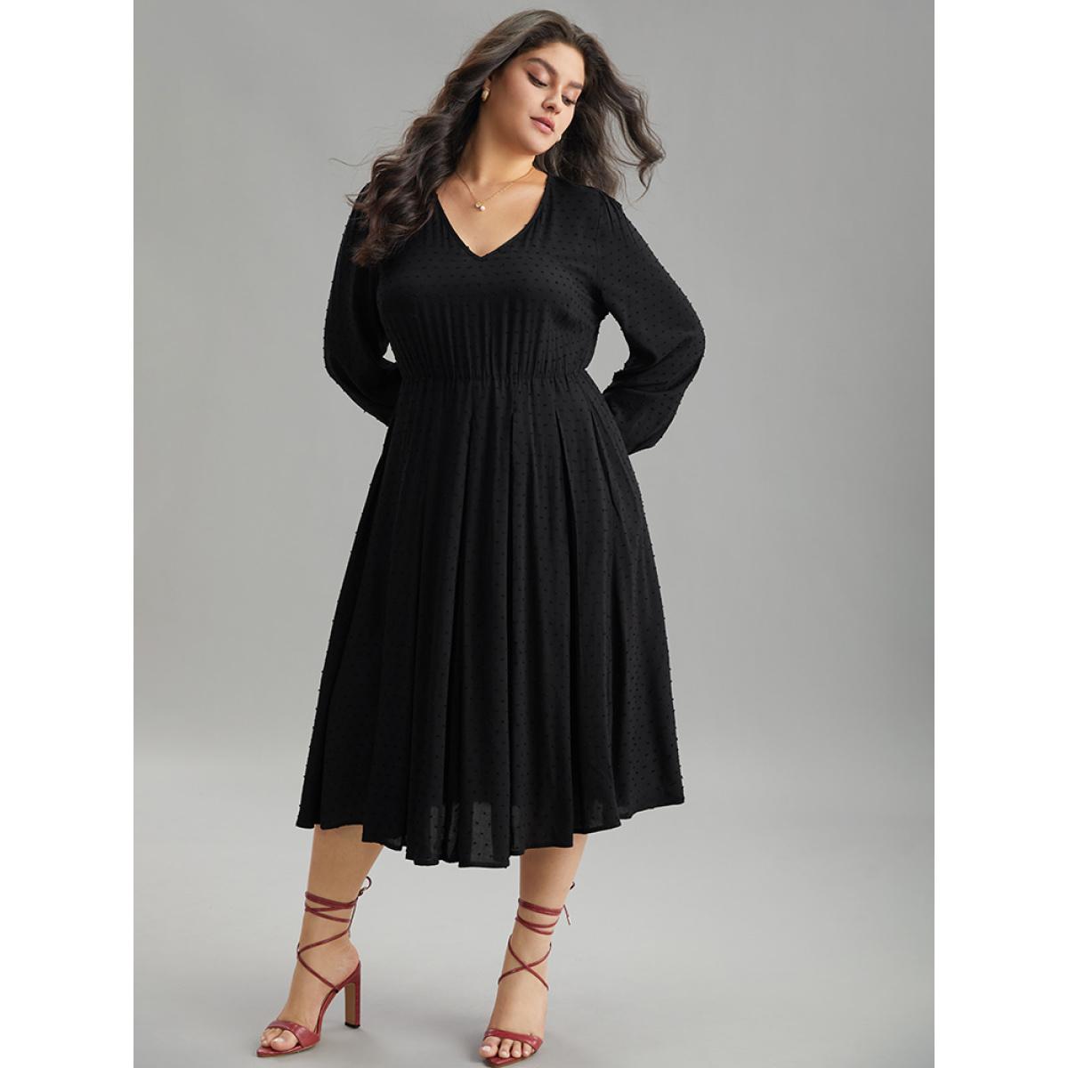 Plus Size Static-Free Solid Lantern Sleeve Pleated Dress Black Women Elegant Elastic cuffs Round Neck Long Sleeve Curvy Midi Dress BloomChic 18-20/2X Product Image