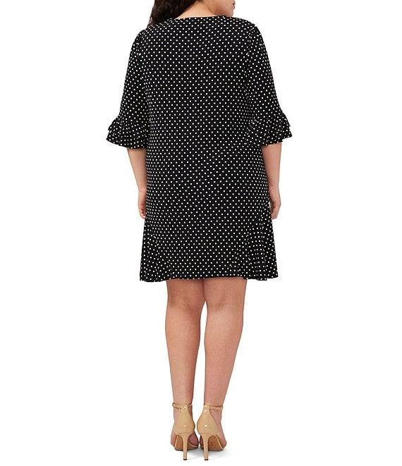 CeCe Plus Size Dotted Print Crew Neck 3/4 Sleeve Ruffled Hem Knit Shift Dress Product Image