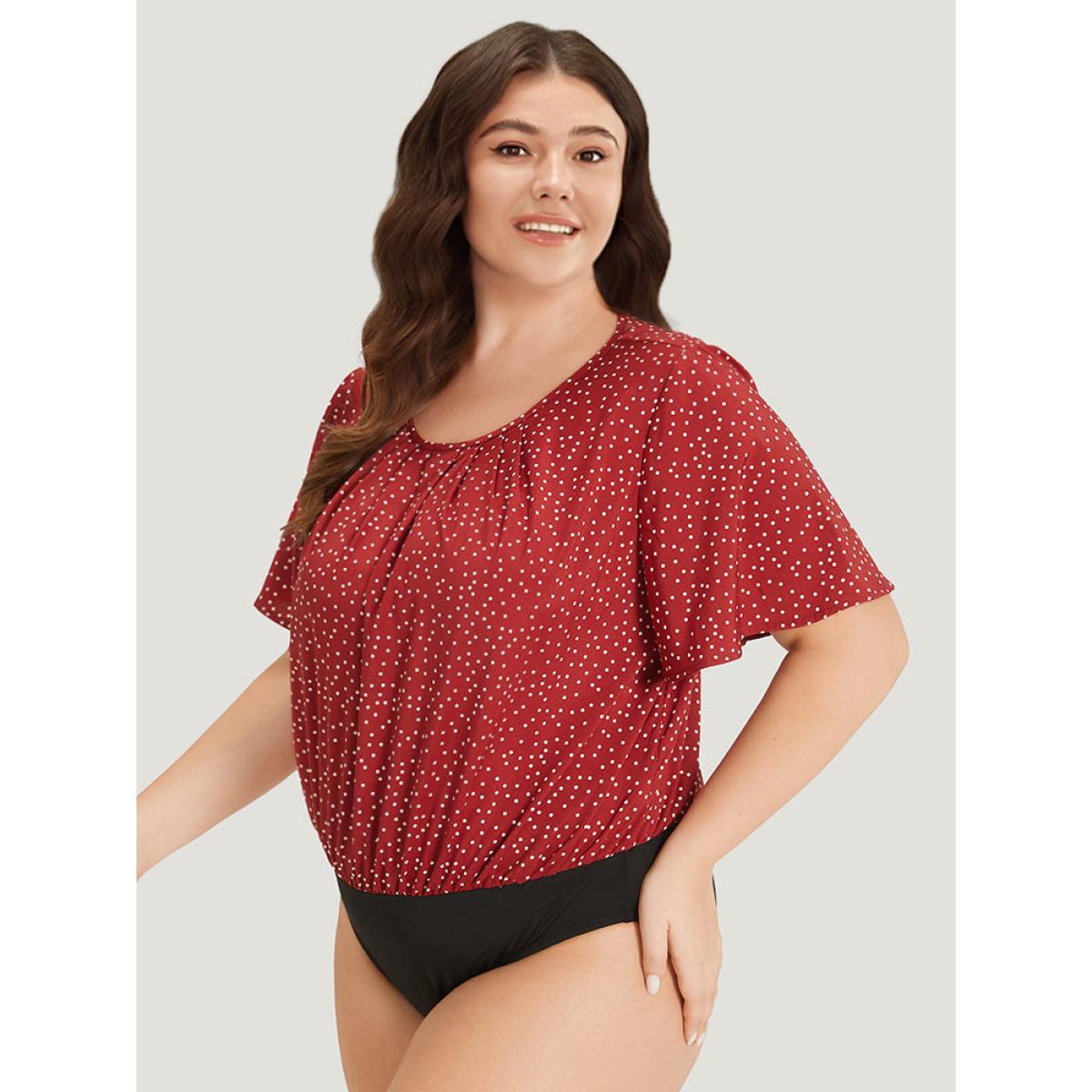 Plus Size Polka Dot Elastic Waist Plicated Detail Ruffle Sleeve Bodysuit Women Red Polka Dot Pleated Bodysuits BloomChic 30/6X Product Image