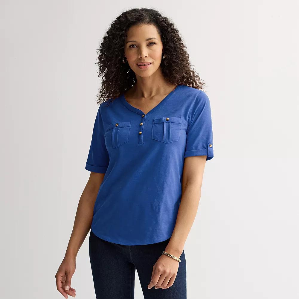 Women's Croft & Barrow® Elbow Sleeve Utility Henley Top, Size: Medium, Christian Bay Product Image