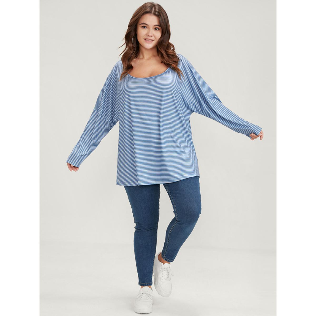Plus Size Striped Print Scoop Neck Long Tee Blue Women Casual Striped Scoop Neck Loose Dailywear T-shirts BloomChic 12/L Product Image