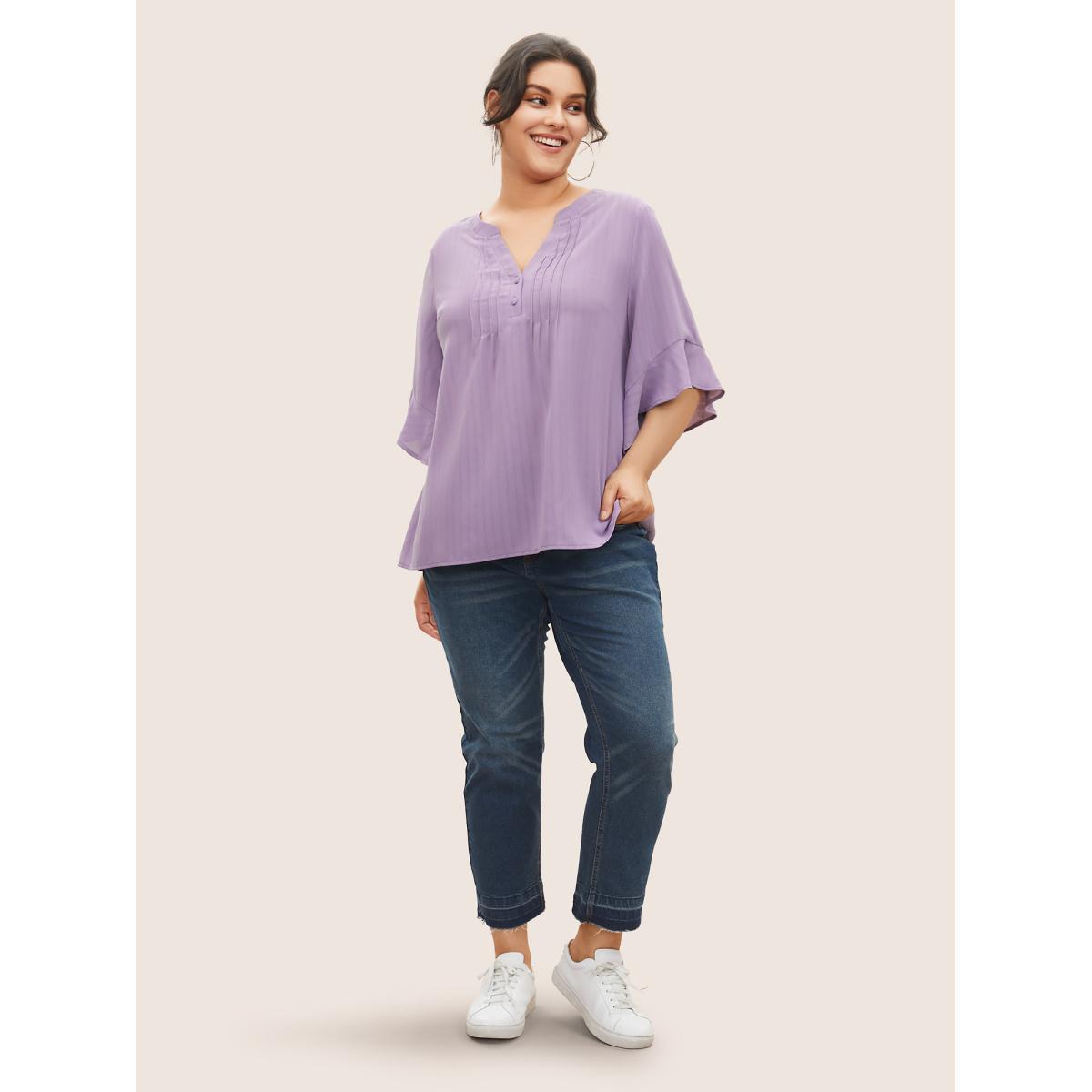 Plus Size Mauve Plain Tucked Seam Button Up Flutter Sleeve Blouse Women Work From Home Half Sleeve Flat collar Work Blouses BloomChic 28/5X Product Image