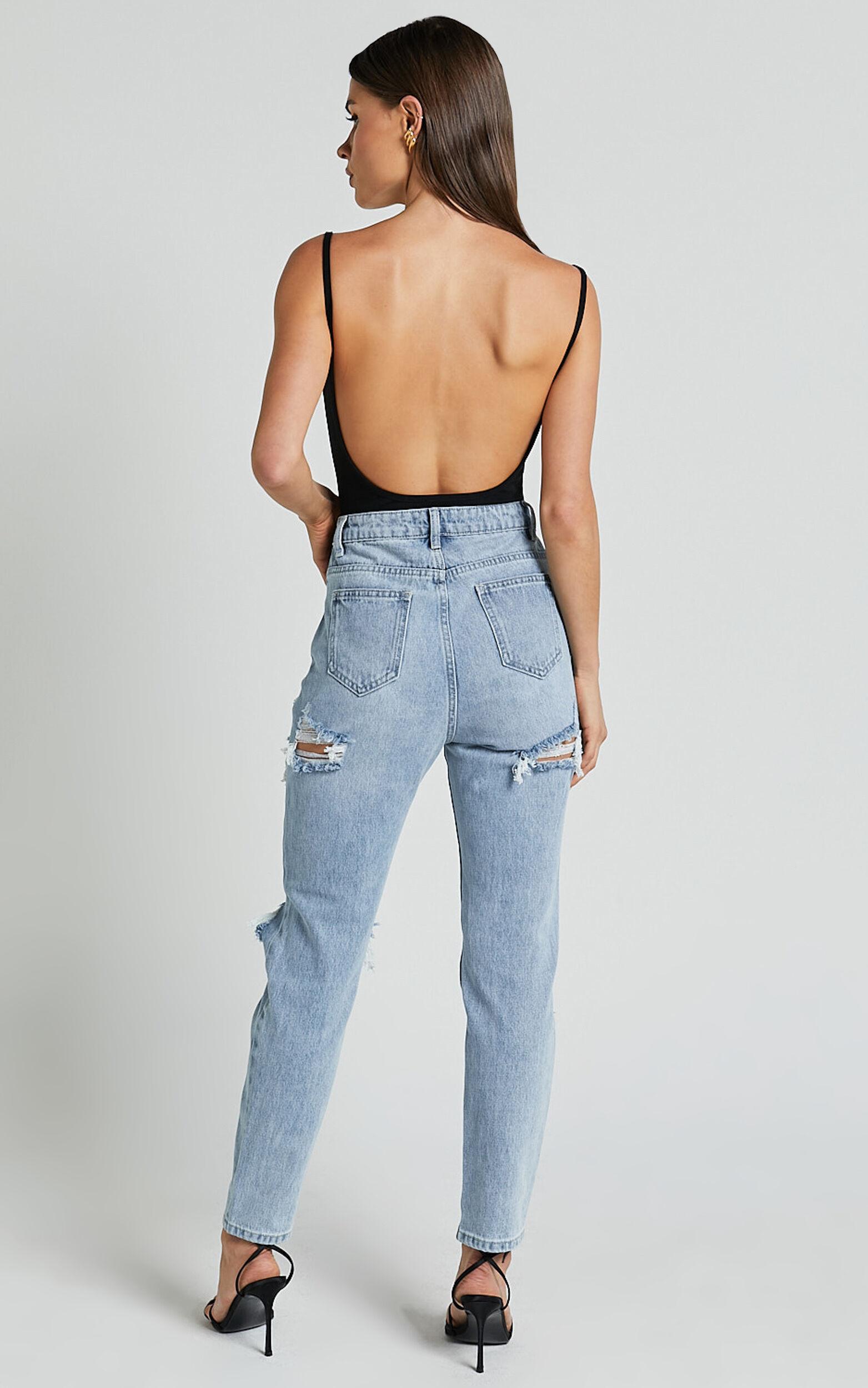 Billie Jeans - High Waisted Cotton Distressed Mom Denim Jeans in Mid Blue Wash Product Image