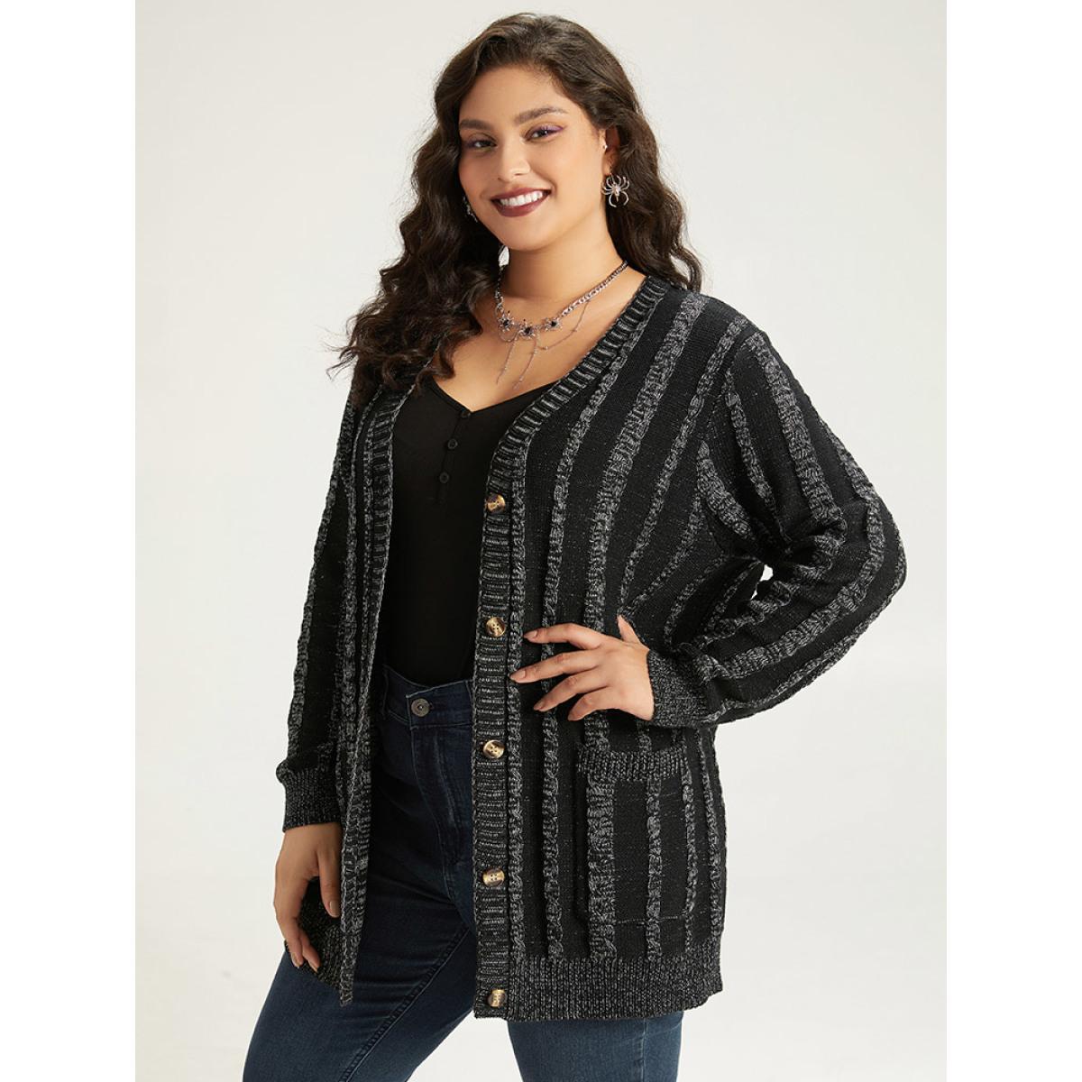 Plus Size Halloween Striped Patched Pocket Button Up Cardigan Black Women Casual Loose Long Sleeve Festival-Halloween Cardigans BloomChic 12/L Product Image