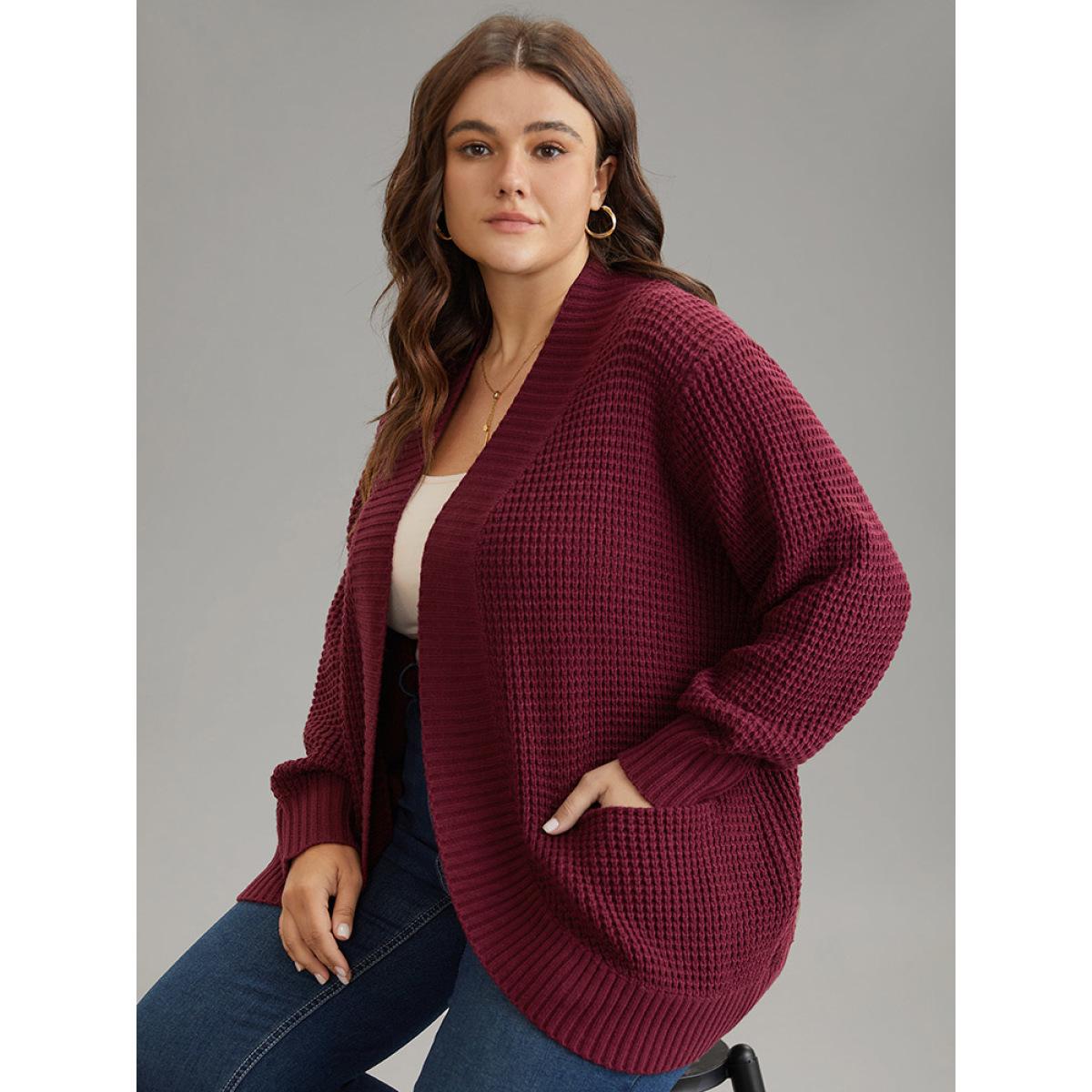 Plus Size Plisse Patched Pocket Curved Hem Open Front Cardigan Burgundy Women Casual Loose Long Sleeve Everyday Cardigans BloomChic 30/6X Product Image