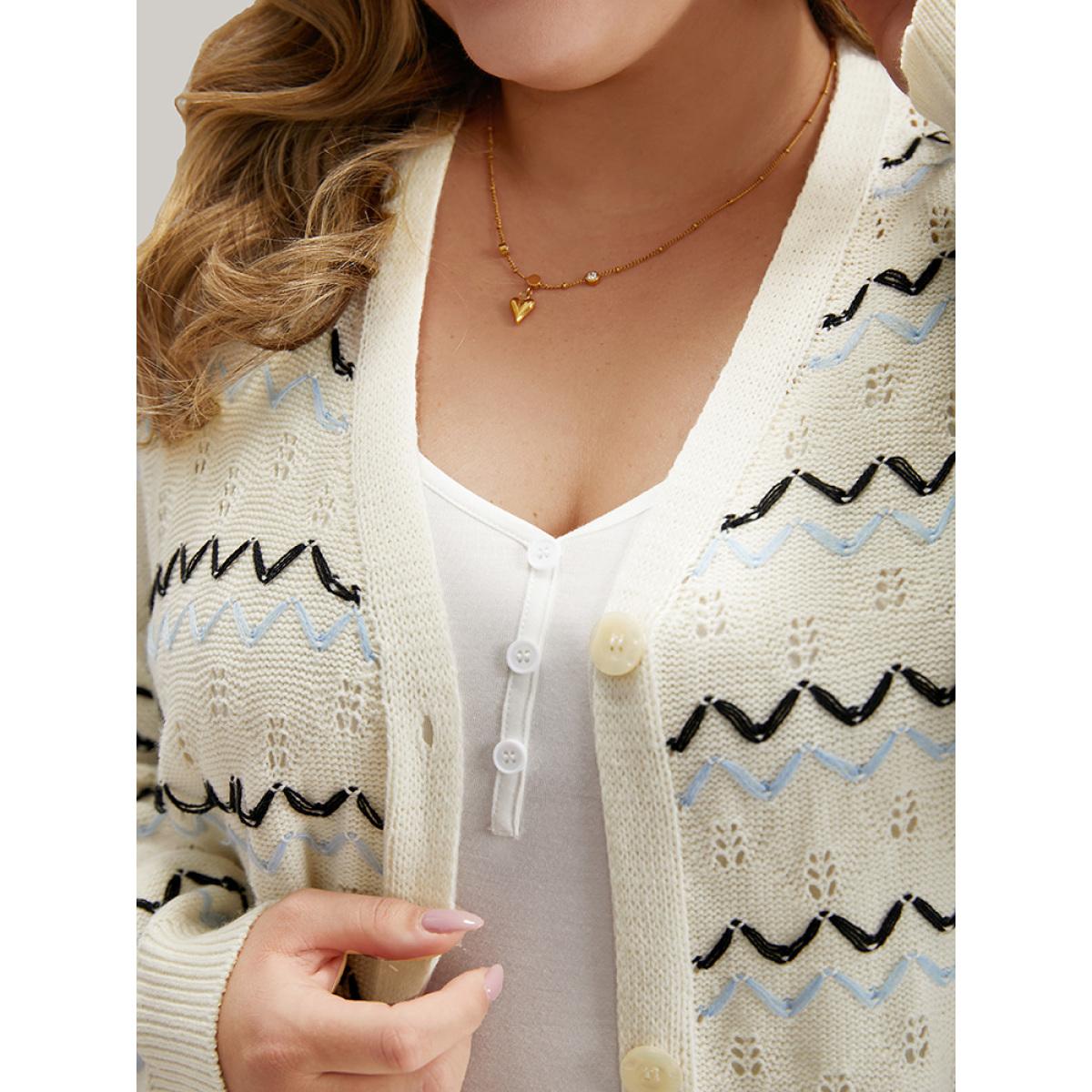 Plus Size UltraCool Wave Striped Eyelet Button Through Cardigan Beige Women Casual Loose Long Sleeve Everyday Cardigans BloomChic 26/4X Product Image