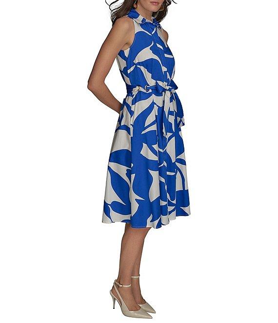 Donna Karan Floral Print Button Front Grommet Belted Midi Dress Product Image