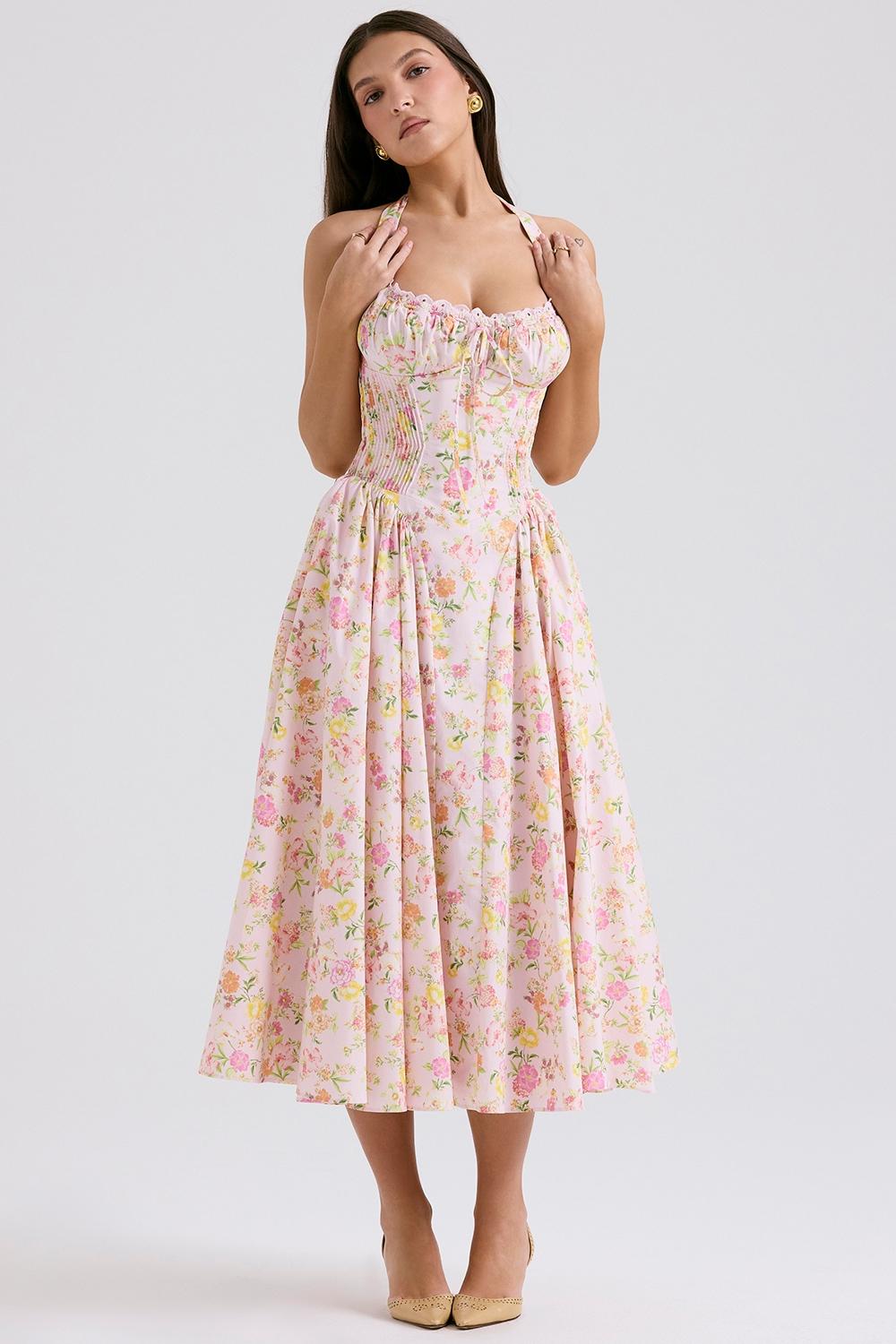 Adabella  pink meadow print cotton halter midi sundress Product Image