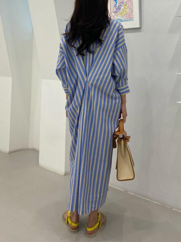 Long Sleeves Loose Buttoned Contrast Color Pockets Striped Lapel Midi Dresses Shirt Dress Product Image