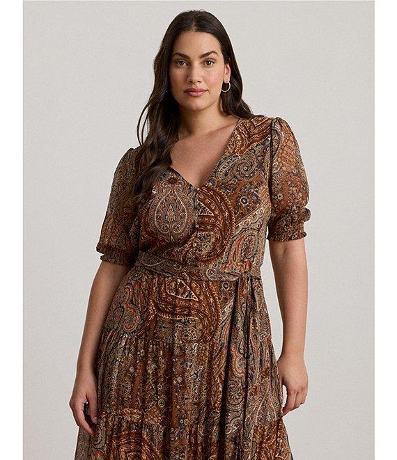 Lauren Ralph Lauren Plus Size Paisley Belted Georgette A-Line Maxi Dress Product Image