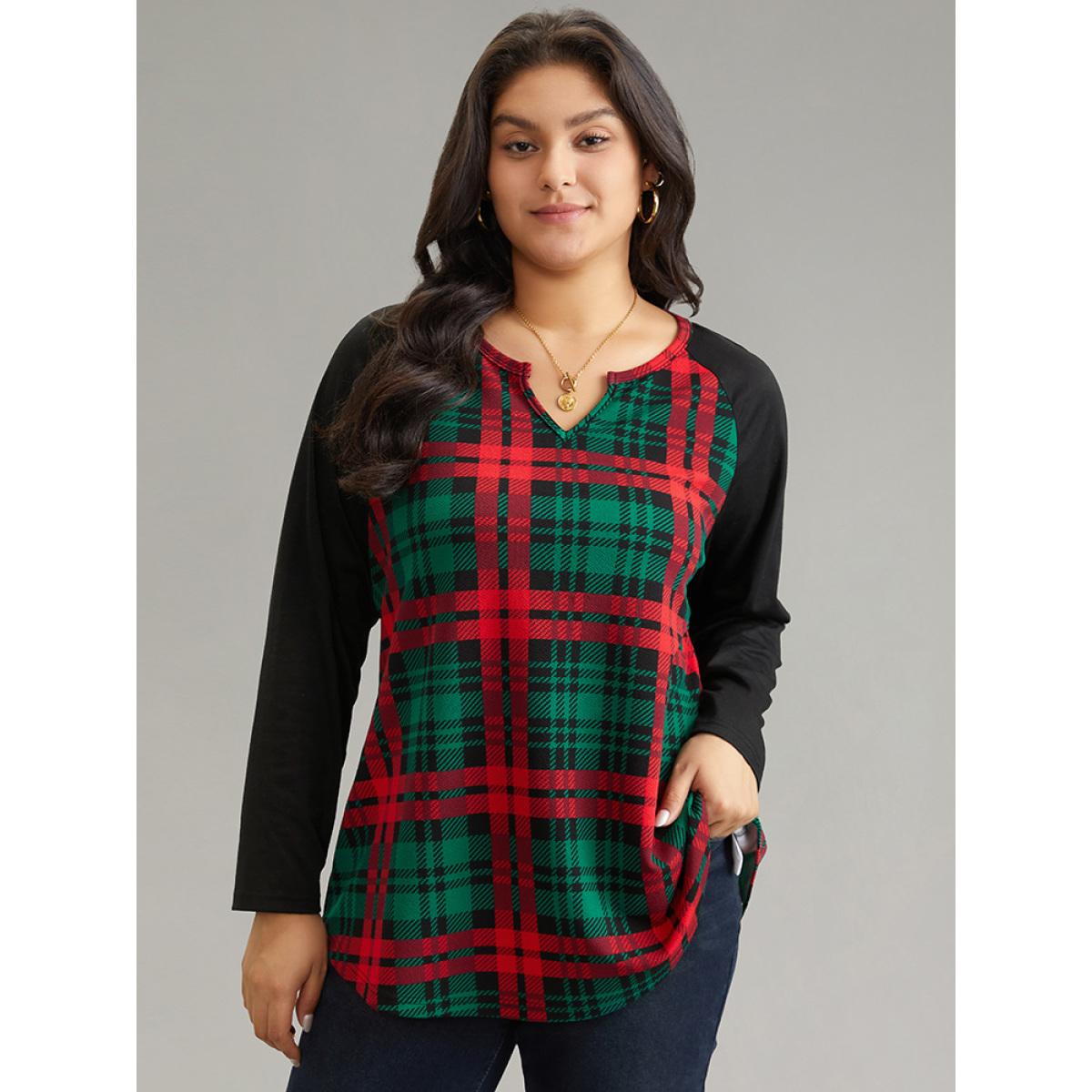 Plus Size Plaid Contrast Notched Raglan Sleeve T-shirt Green Women Casual Contrast Plaid Festival-Christmas T-shirts BloomChic 14-16/1X Product Image