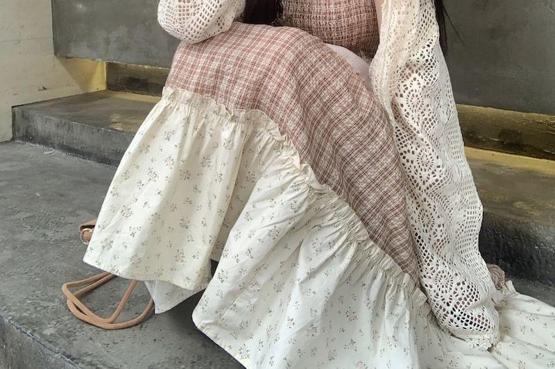 Spaghetti Strap Plaid Panel Tiered Midi A-Line Dress / Crochet Cardigan Product Image