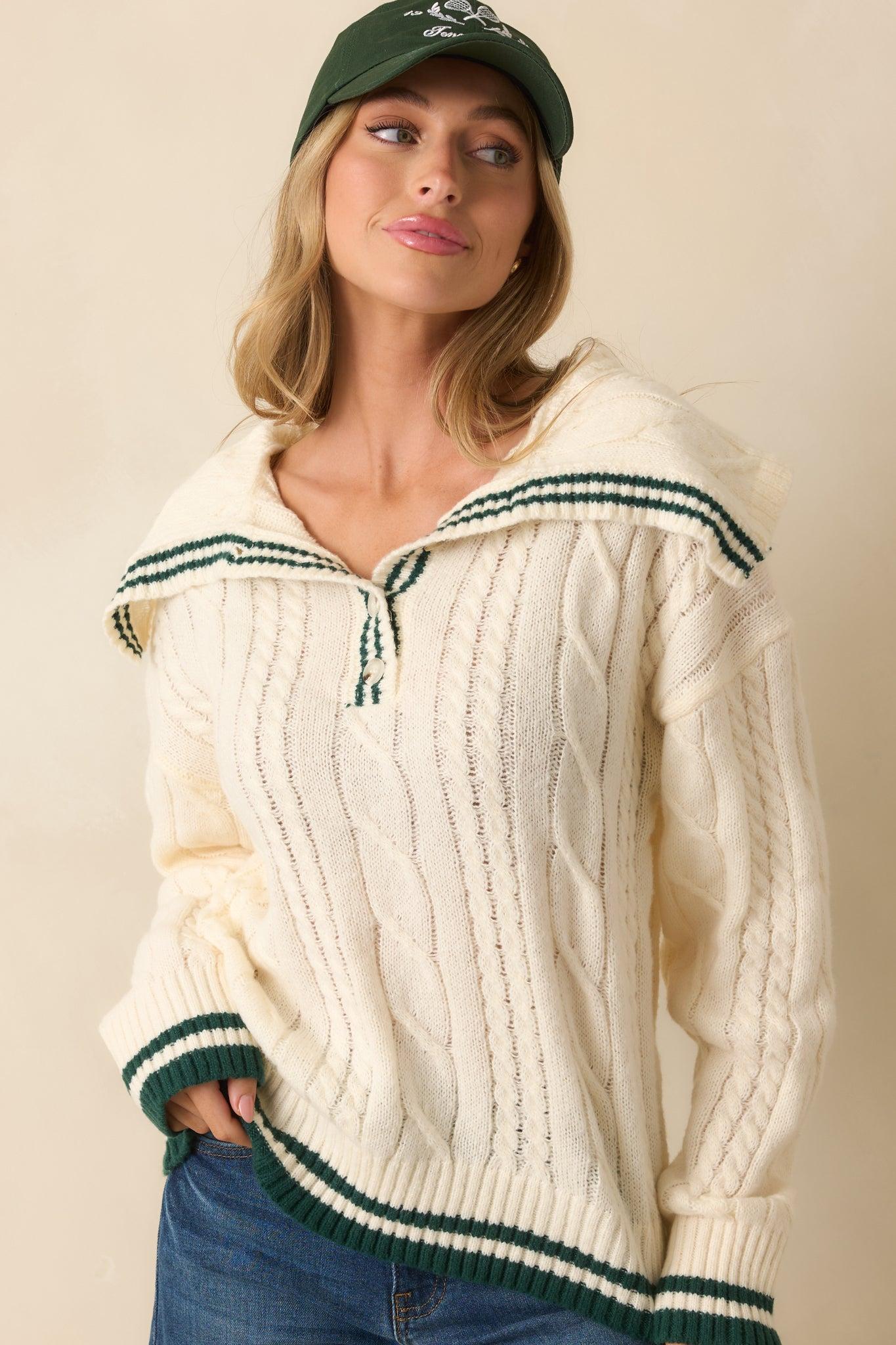 Just Going With It Ivory Cable Knit Contrast Trim Collared Sweater L / Ivory Product Image