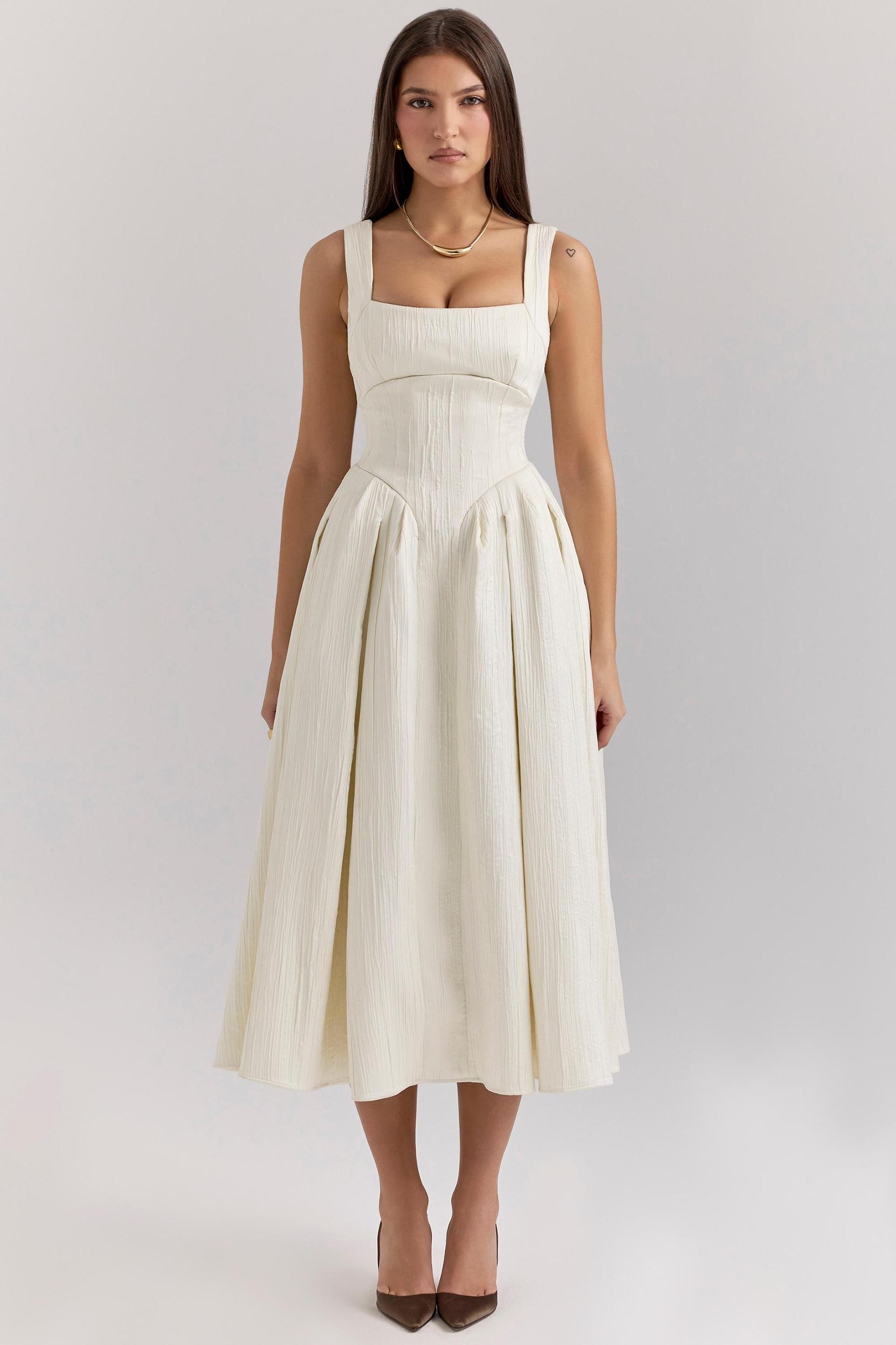 Isabeau  ivory textured satin corset midi dress Product Image