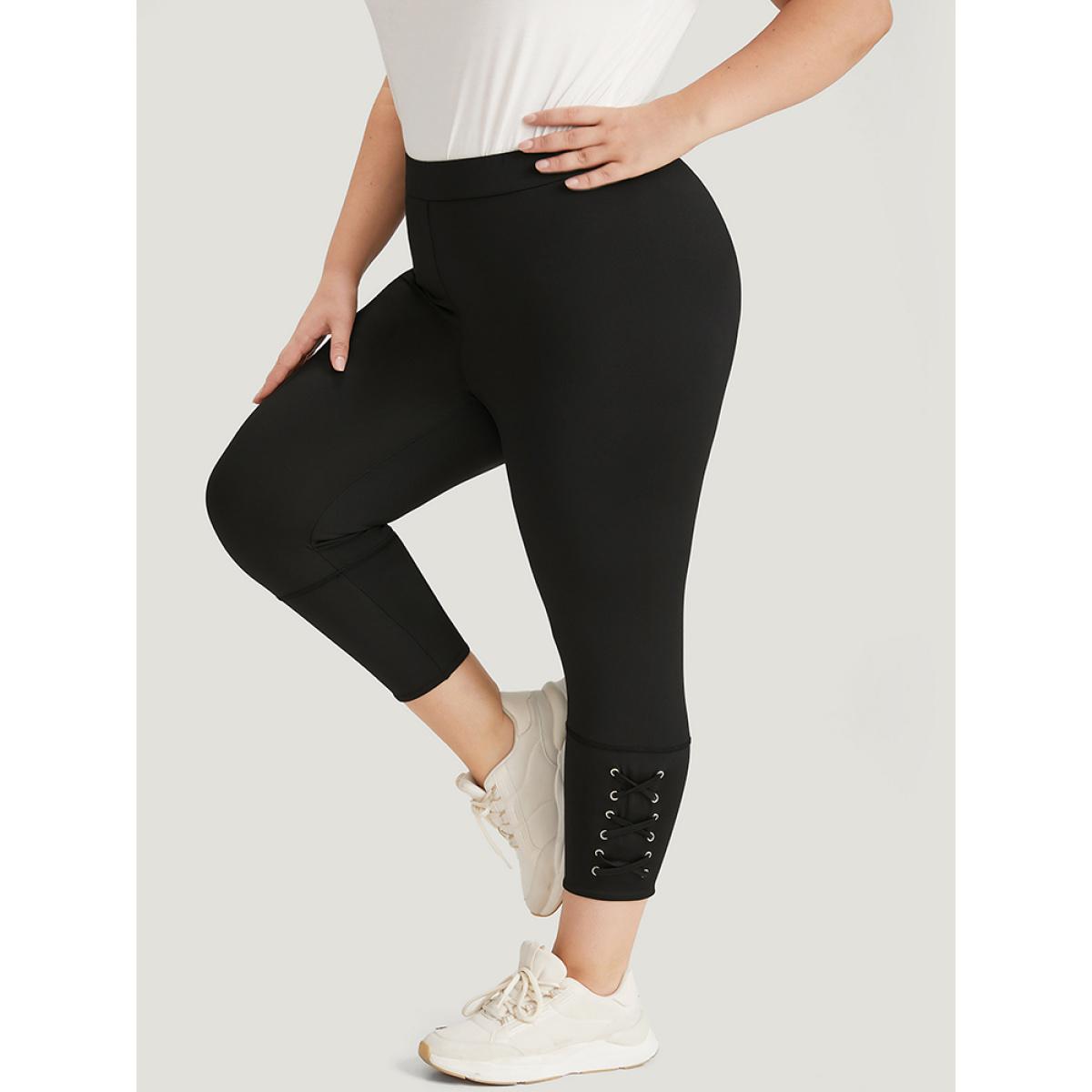 Plus Size Plain Crisscross Hem Elastic Waist Skinny Leggings Women Black Casual No stretch Skinny High Rise Dailywear Leggings BloomChic 30/6X Product Image