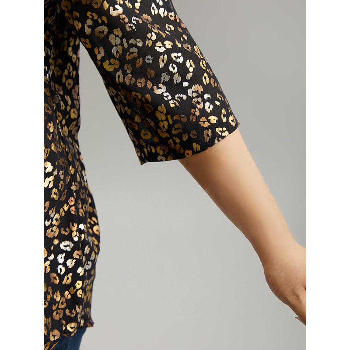 Plus Size Black Leopard Glitter Wrap V Neck Blouse Women Glamour Elbow-length sleeve V-neck Going out Blouses BloomChic 10/M Product Image