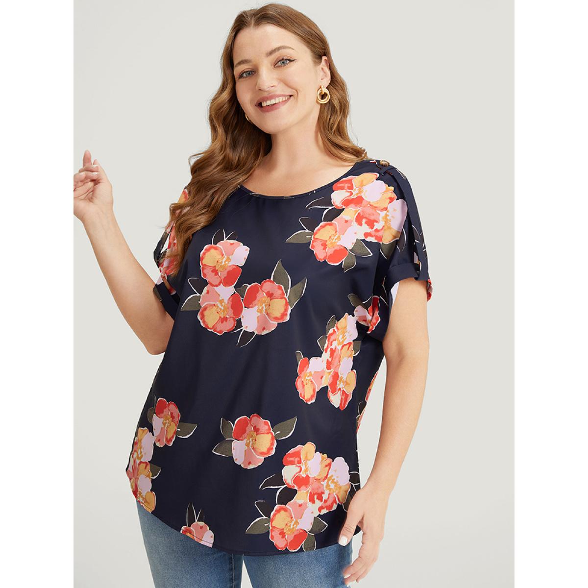 Plus Size Indigo Floral Printed Roll Tab Sleeve Blouse Women Elegant Short sleeve Round Neck Dailywear Blouses BloomChic 12/L Product Image