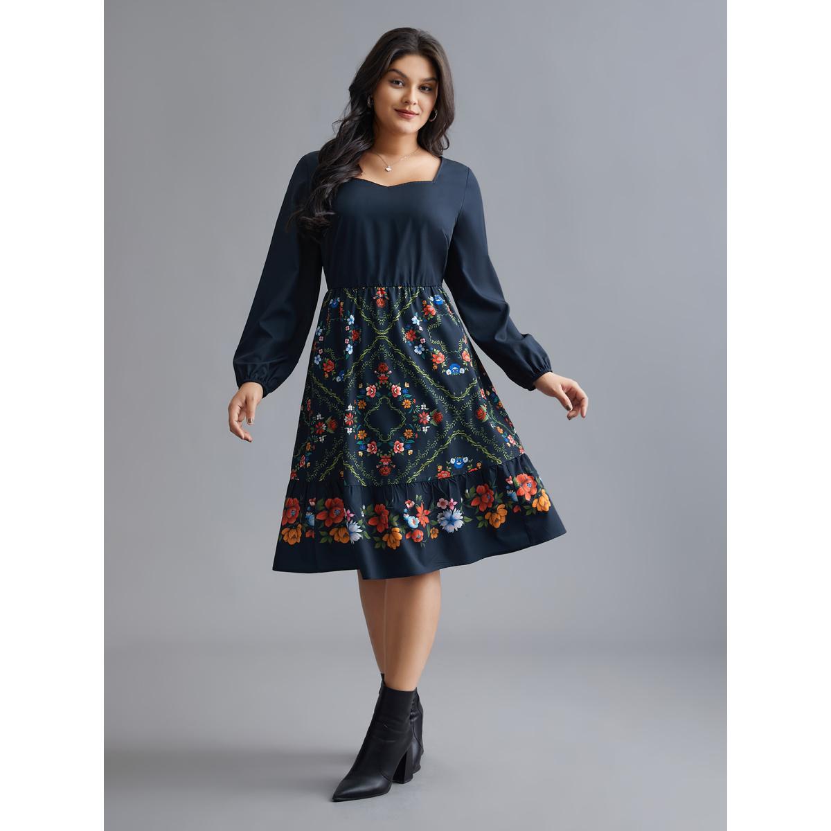 Plus Size Floral Printed Heart neckline Lantern Sleeve Dress DarkBlue Women Elegant Patchwork Heart neckline Long Sleeve Curvy BloomChic 22-24/3X Product Image