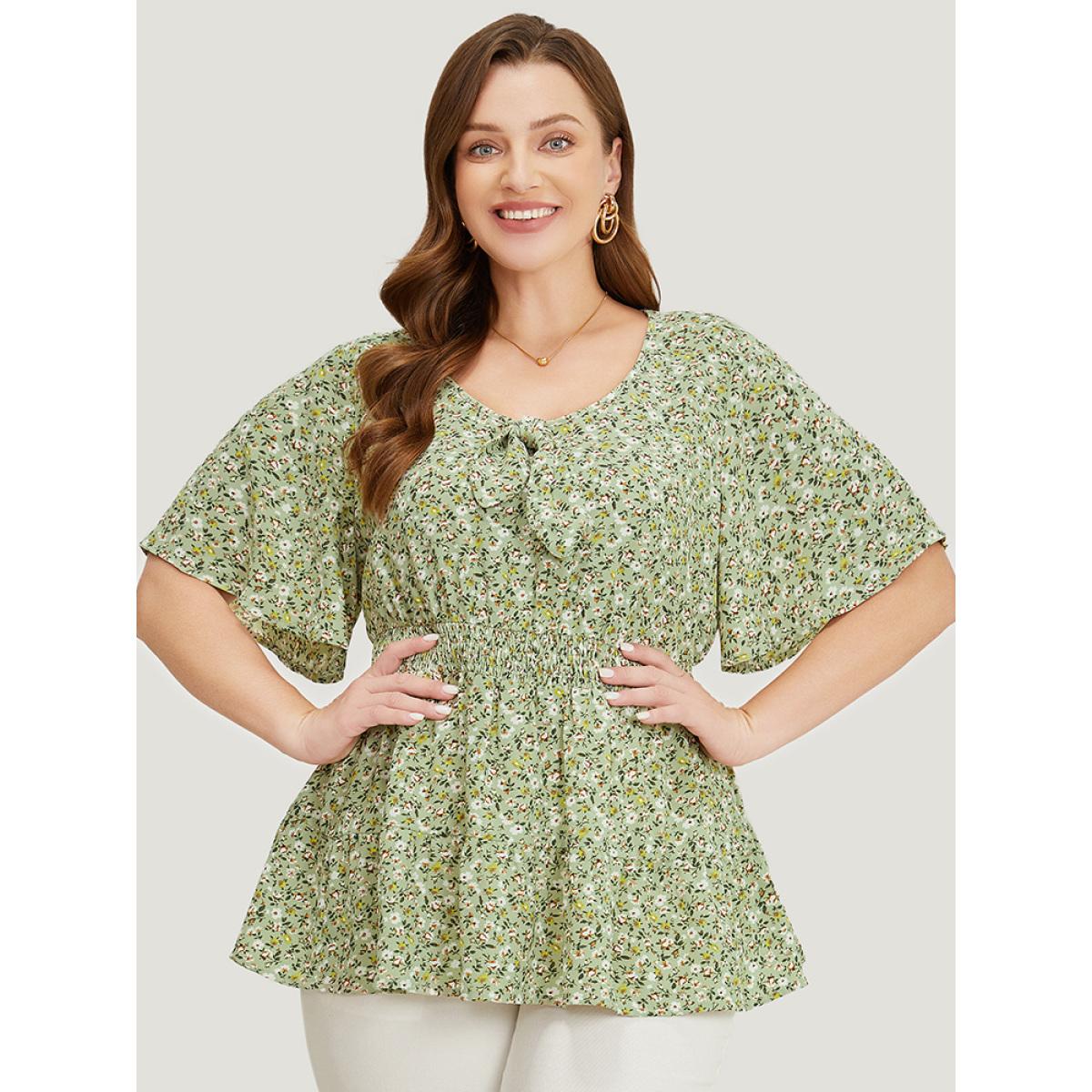 Plus Size Sage Ditsy Floral Knotted Crew Neck Shirred Ruffle Sleeve Blouse Women Elegant Short sleeve Round Neck Dailywear Blouses BloomChic 26/4X Product Image