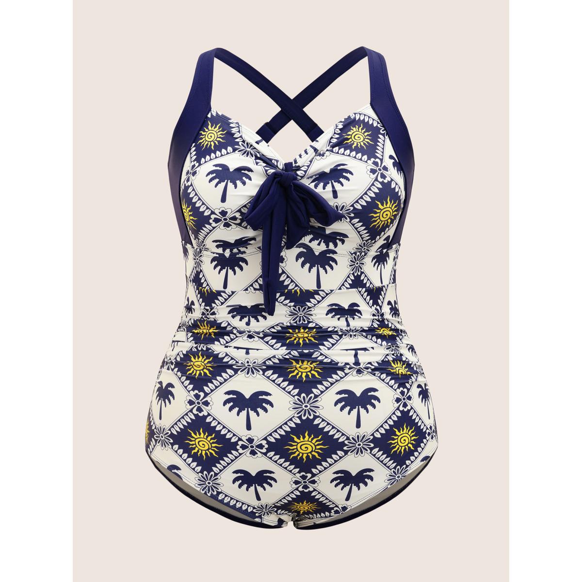 Plus Size Tropical Print Patchwork Gathered Knotted One Piece Swimsuit Women's Swimwear Indigo Beach Gathered Curve Bathing Suits High stretch One Pieces BloomChic 10/M Product Image