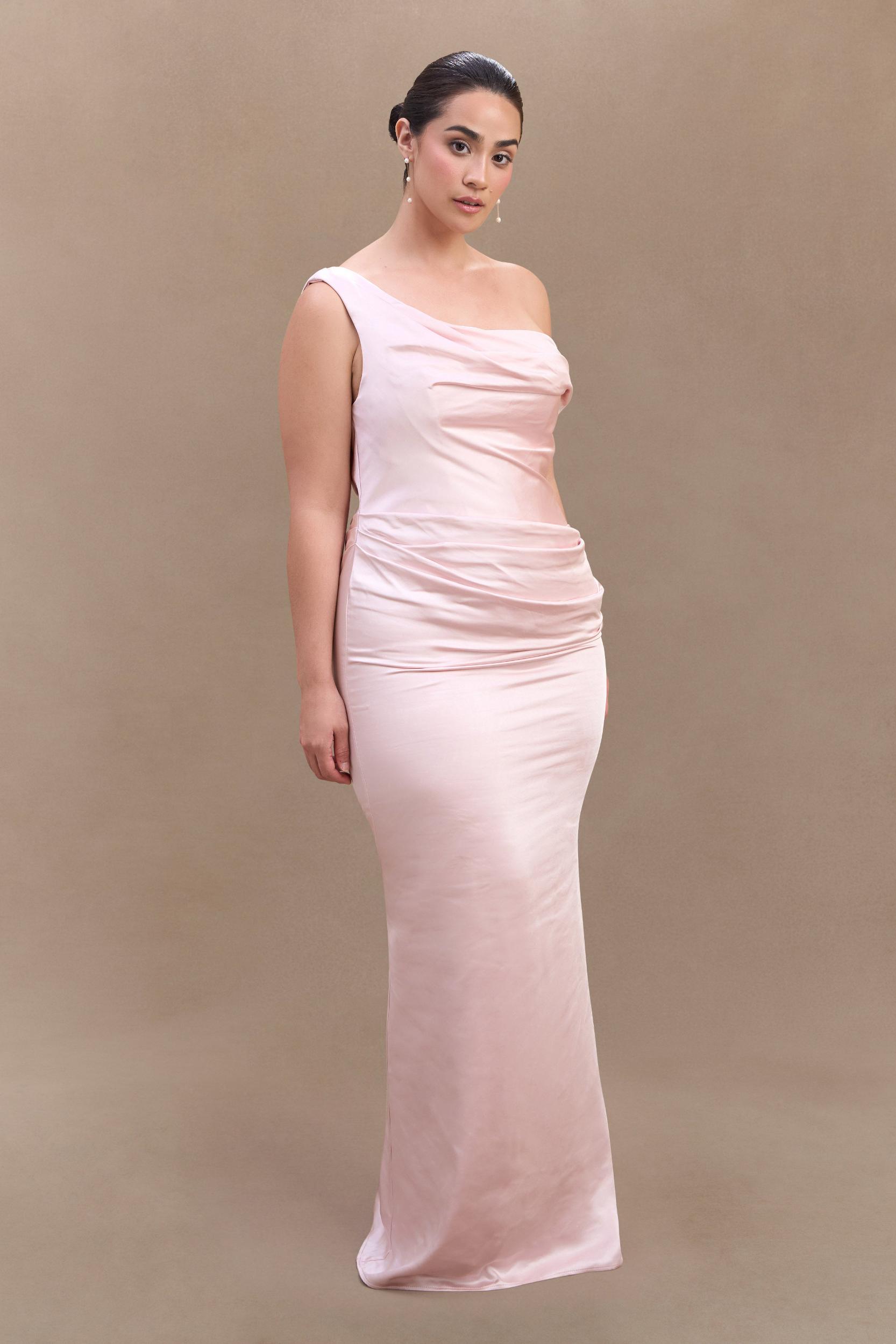 Dalia Off Shoulder Satin Maxi Dress - Soft Pink Product Image
