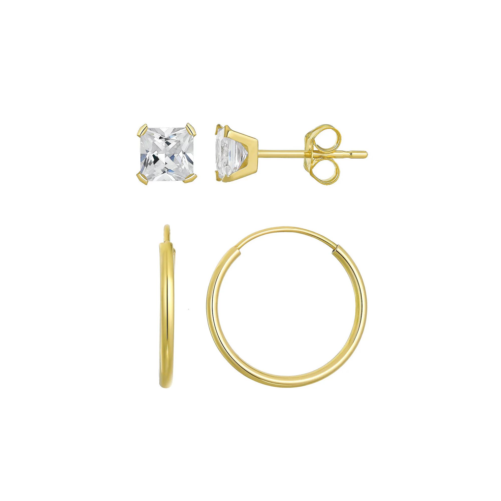 Taylor Grace 10k Gold 3 mm Square Cubic Zirconia Stud & 10 mm Hoop Earring Set, Women's Product Image