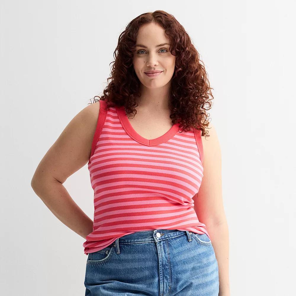 Plus Size Sonoma Goods For Life® Ribbed V-Neck Tank Top, Women's, Size: 4XL, White Navy Stripe Product Image