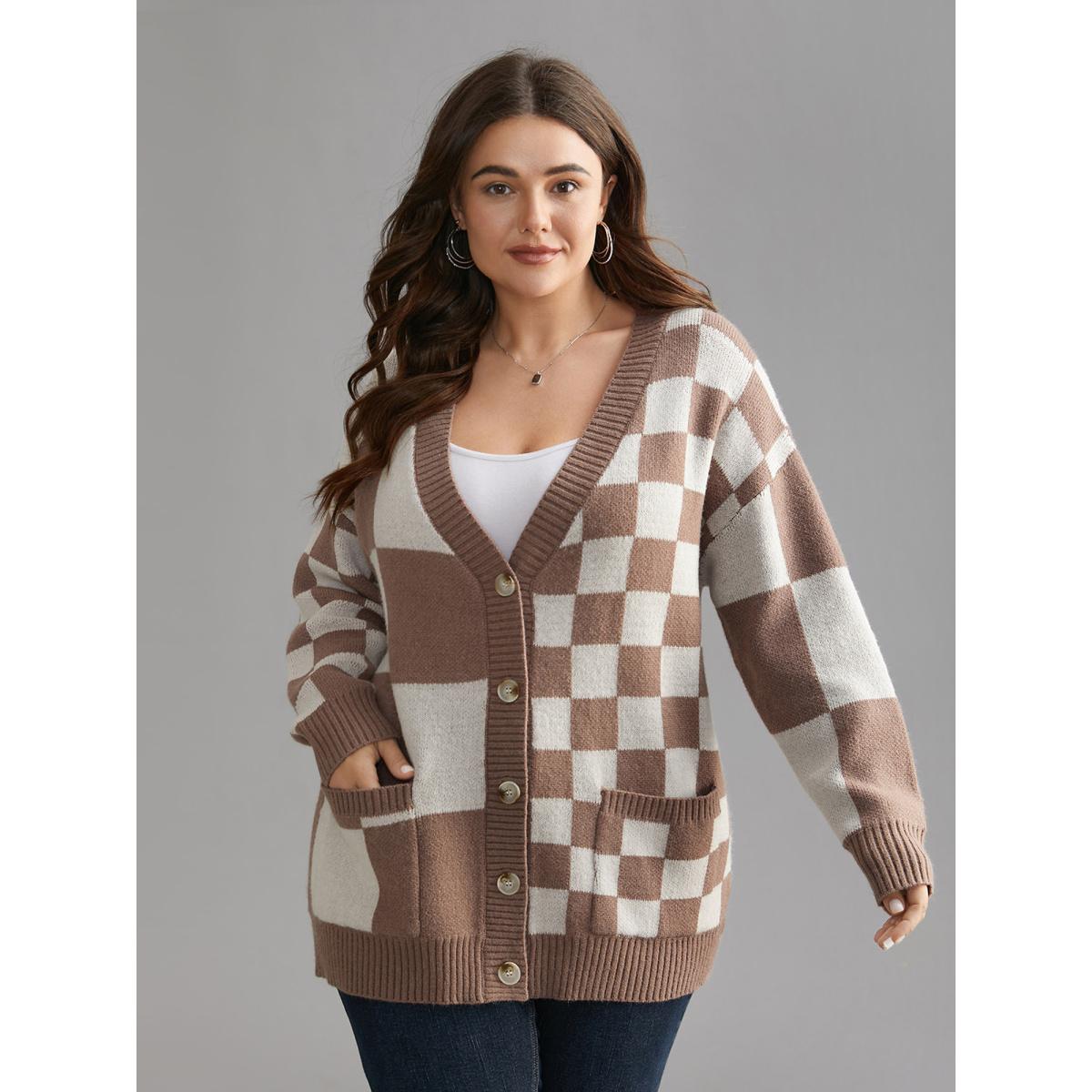 Plus Size Checkered V-Neck Button Front Knit Cardigan LightBrown Women Casual Loose Long Sleeve Everyday Cardigans BloomChic 18-20/2X Product Image