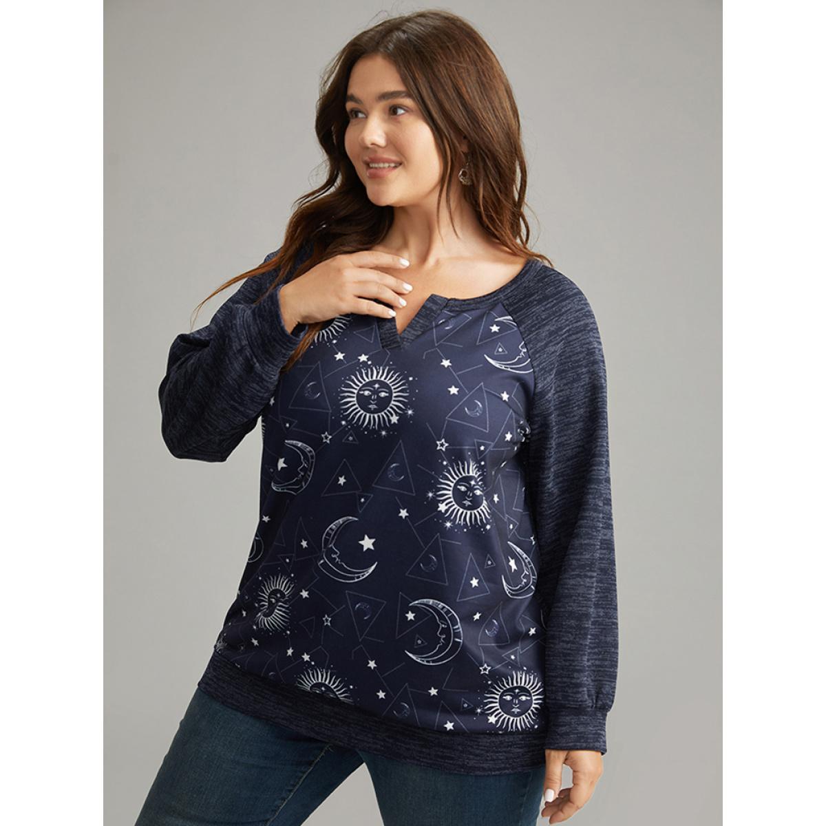 Plus Size Halloween Moon & Star Notched Raglan Sleeve Sweatshirt Women Indigo Casual Elastic cuffs Notched collar Festival-Halloween Sweatshirts BloomChic 26/4X Product Image