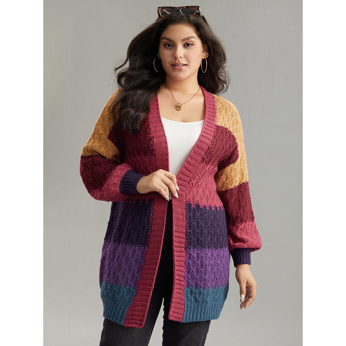 Plus Size Rainbow Colorblock Lantern Sleeve Cardigan Multicolor Women Casual Loose Long Sleeve Dailywear Cardigans BloomChic 10/M Product Image