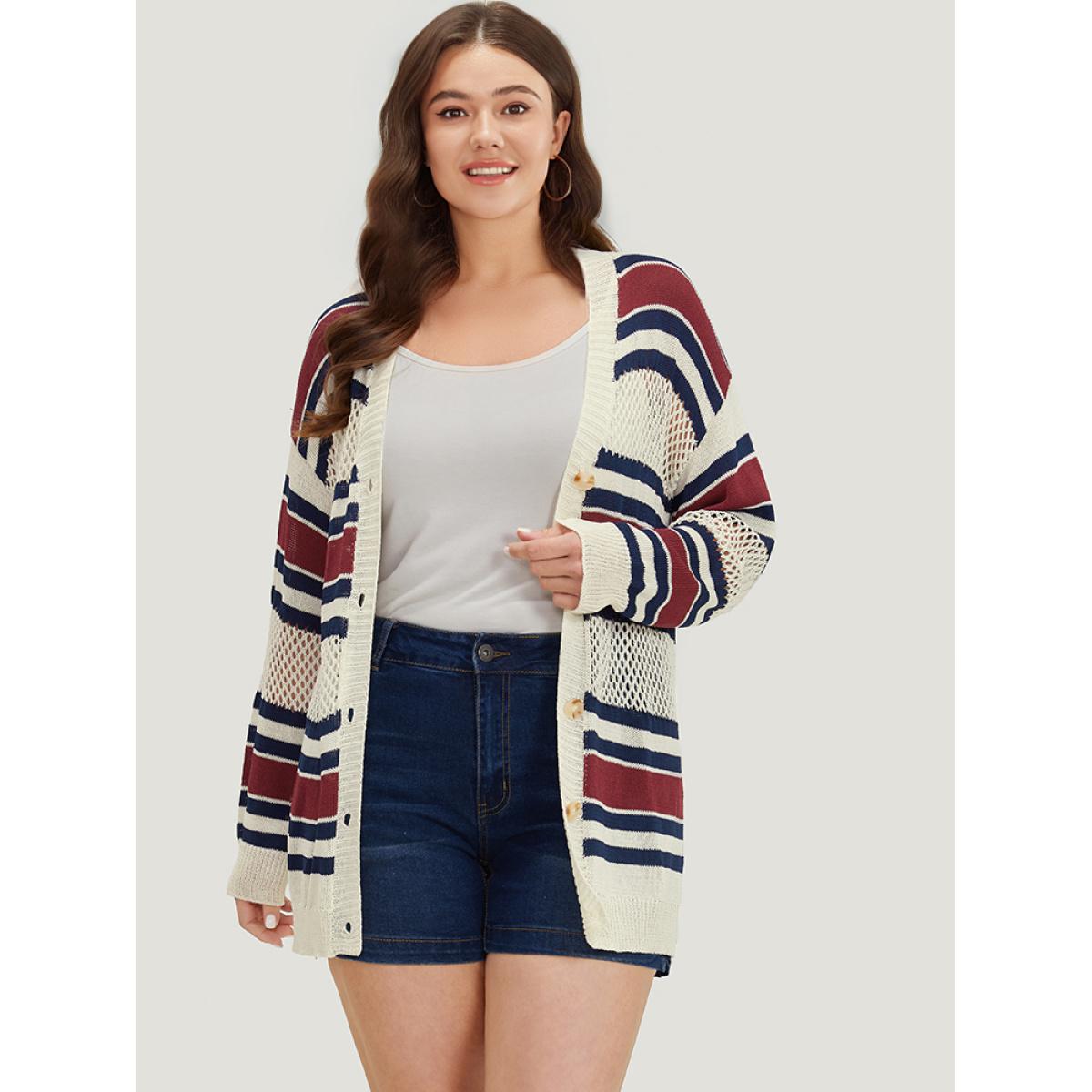 Plus Size Striped Hollow Out Patchwork Button Detail Cardigan Beige Women Casual Loose Long Sleeve Everyday Cardigans BloomChic 14-16/1X Product Image