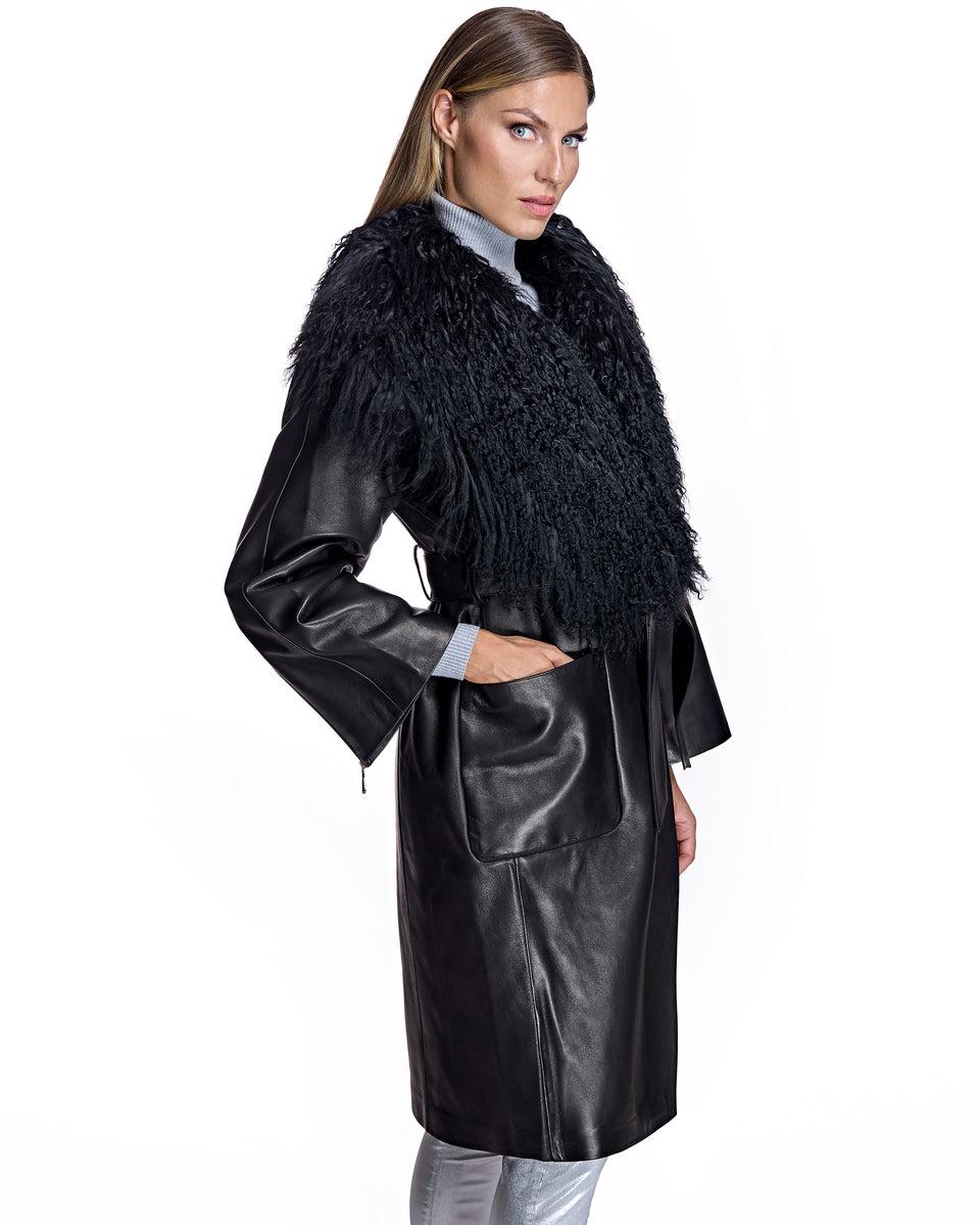 Julia & Stella by Maximilian Leather Wrap Coat with Dyed Mongolian Lamb Collar/Cuff (Maximilian) Product Image