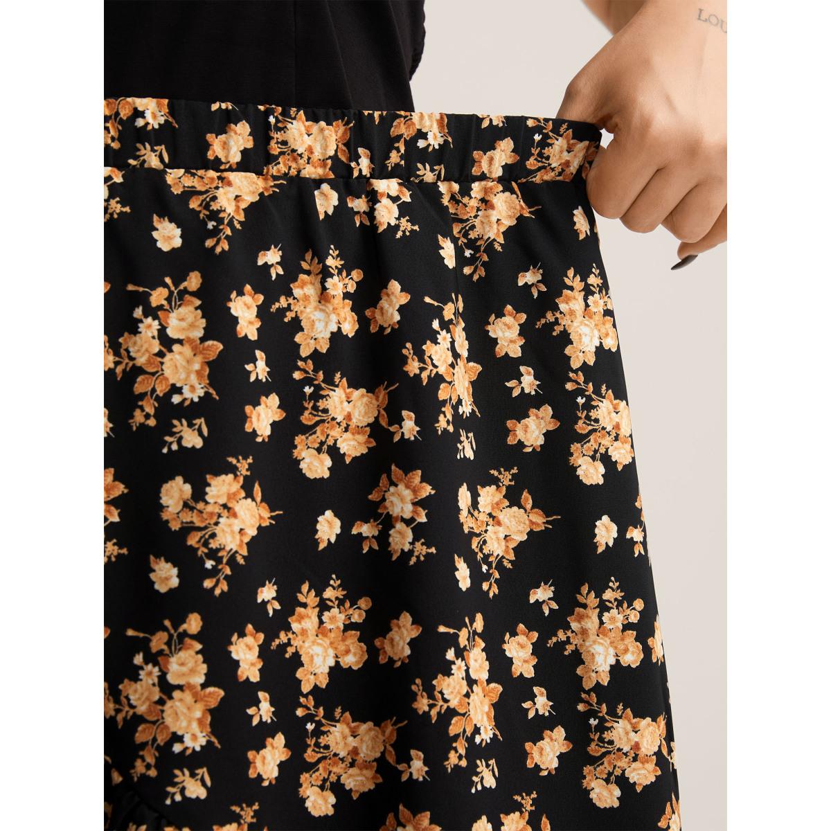 Plus Size Ditsy Floral High Low Hem Midi Skirt Women Black Asymmetrical Loose No stretch Side seam pocket Everyday-Elegant Skirts BloomChic 26/4X Product Image