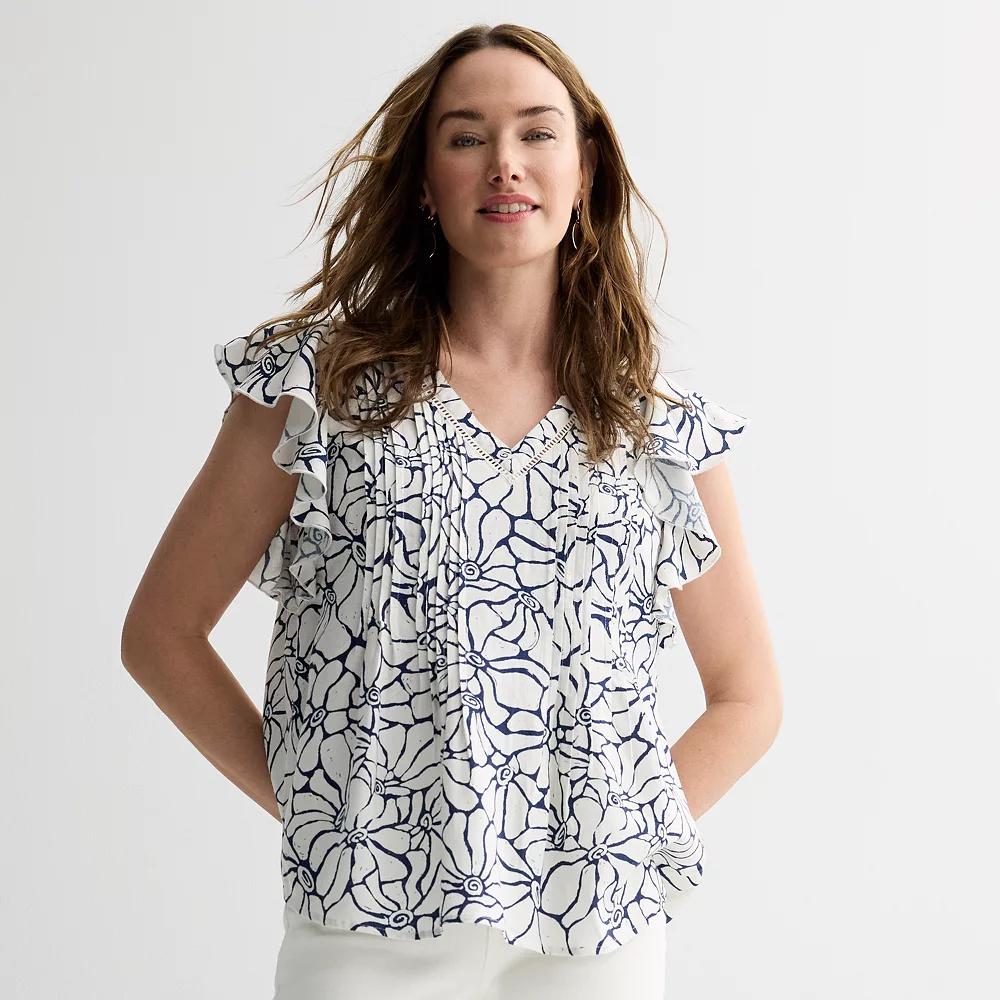 Women's Sonoma Goods For Life® Flutter Sleeve Pintuck Top, Size: XL, Navy Ivory Floral Product Image