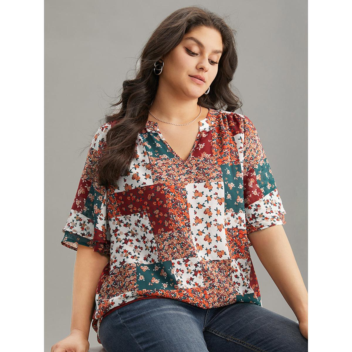 Plus Size Scarlet Ditsy Floral Colorblock Contrast Notched Blouse Women Vacation Short sleeve Notched collar Vacation Blouses BloomChic 14-16/1X Product Image