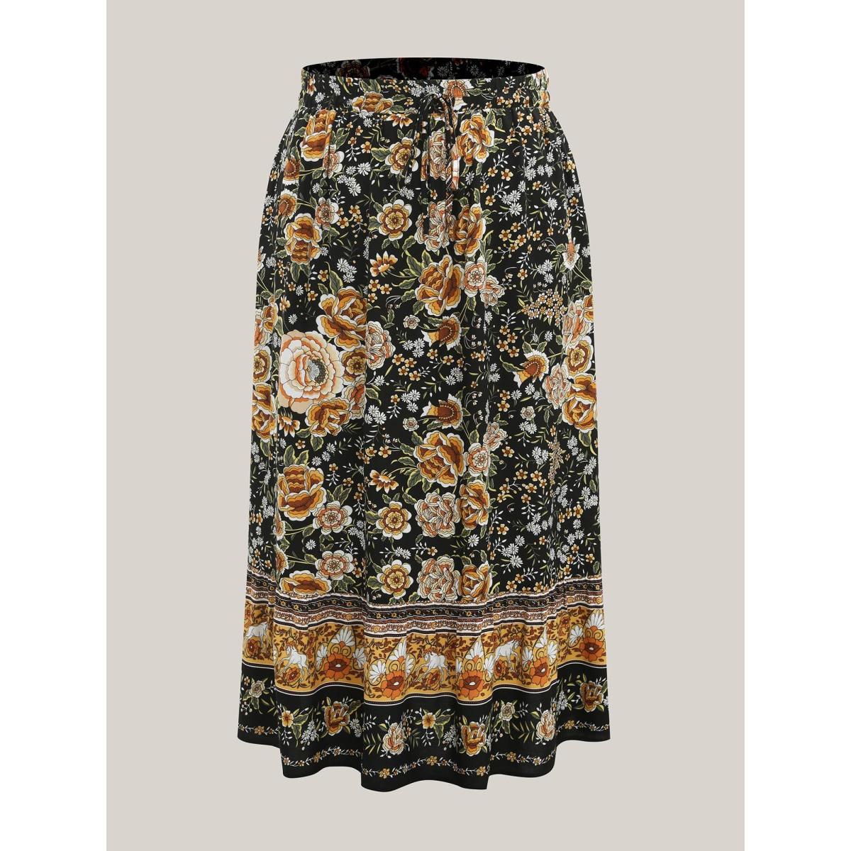 Plus Size Boho Floral Print Drawstring Maxi Dress Women BlackFlower Resort Drawstring Bodycon Low stretch Slanted pocket Vacation Skirts BloomChic 18-20/2X Product Image