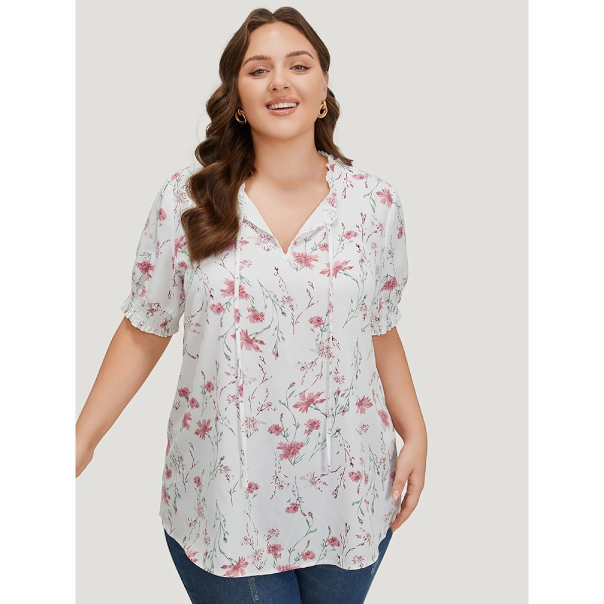 Plus Size White Floral Knot Frill Trim Shirred Lantern Sleeve Blouse Women Elegant Short sleeve Tie Neck Dailywear Blouses BloomChic 18-20/2X Product Image